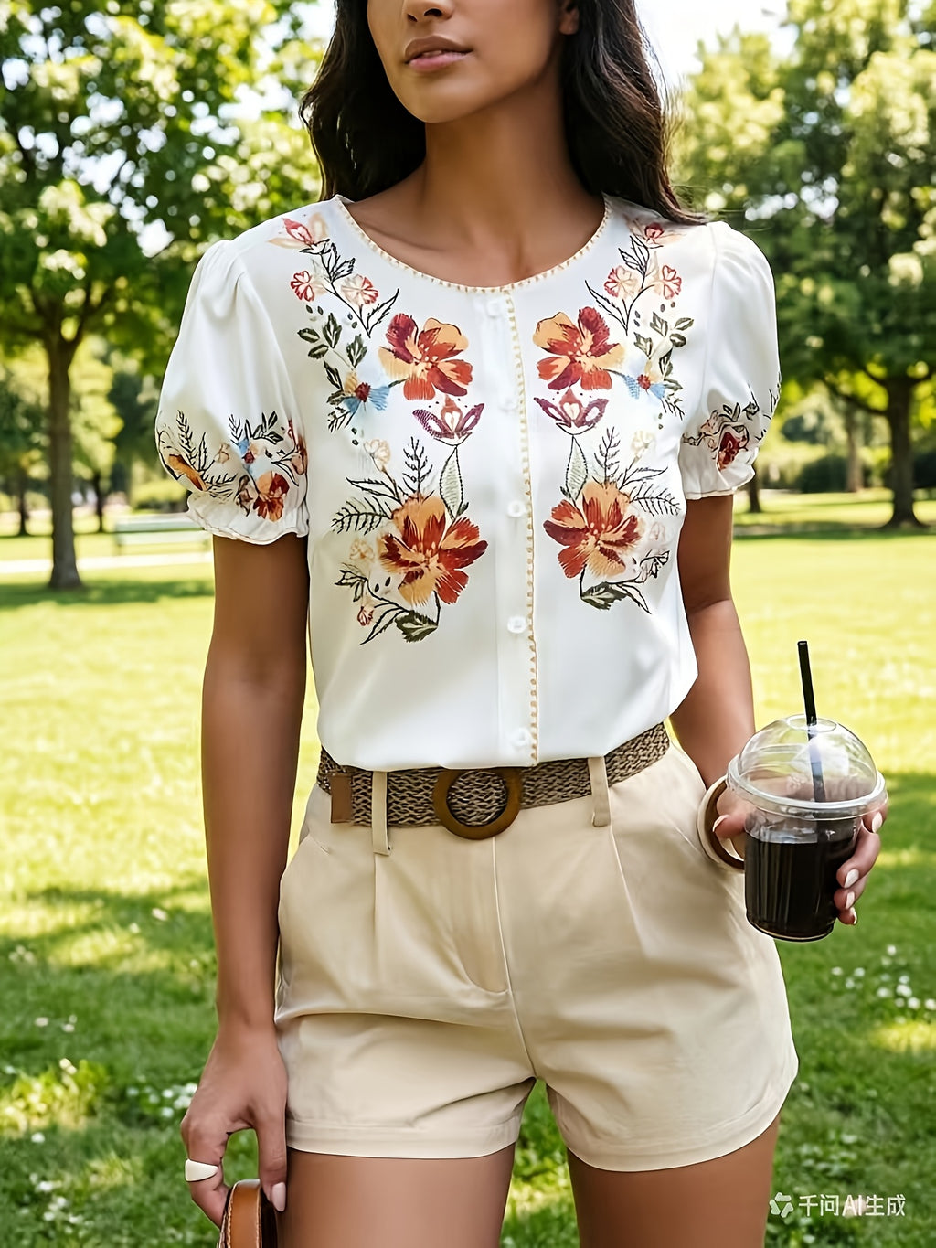 Nerina | Dames geborduurd bloemen overhemd met knoopsluiting – chique casual blouse met pofmouwen