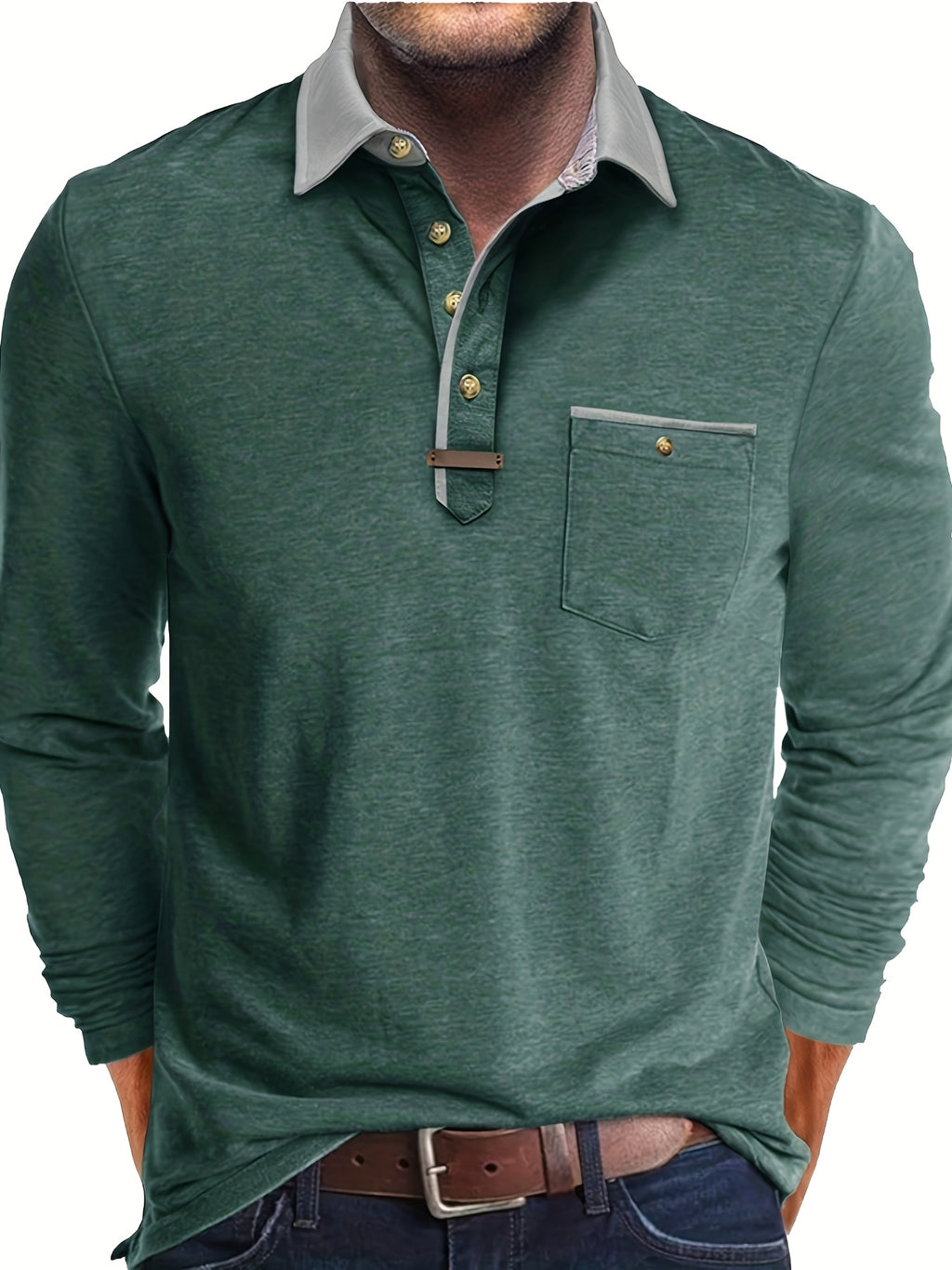 Paulo | Polo homme à manches longues – Henley décontracté avec col color-block et poche poitrine