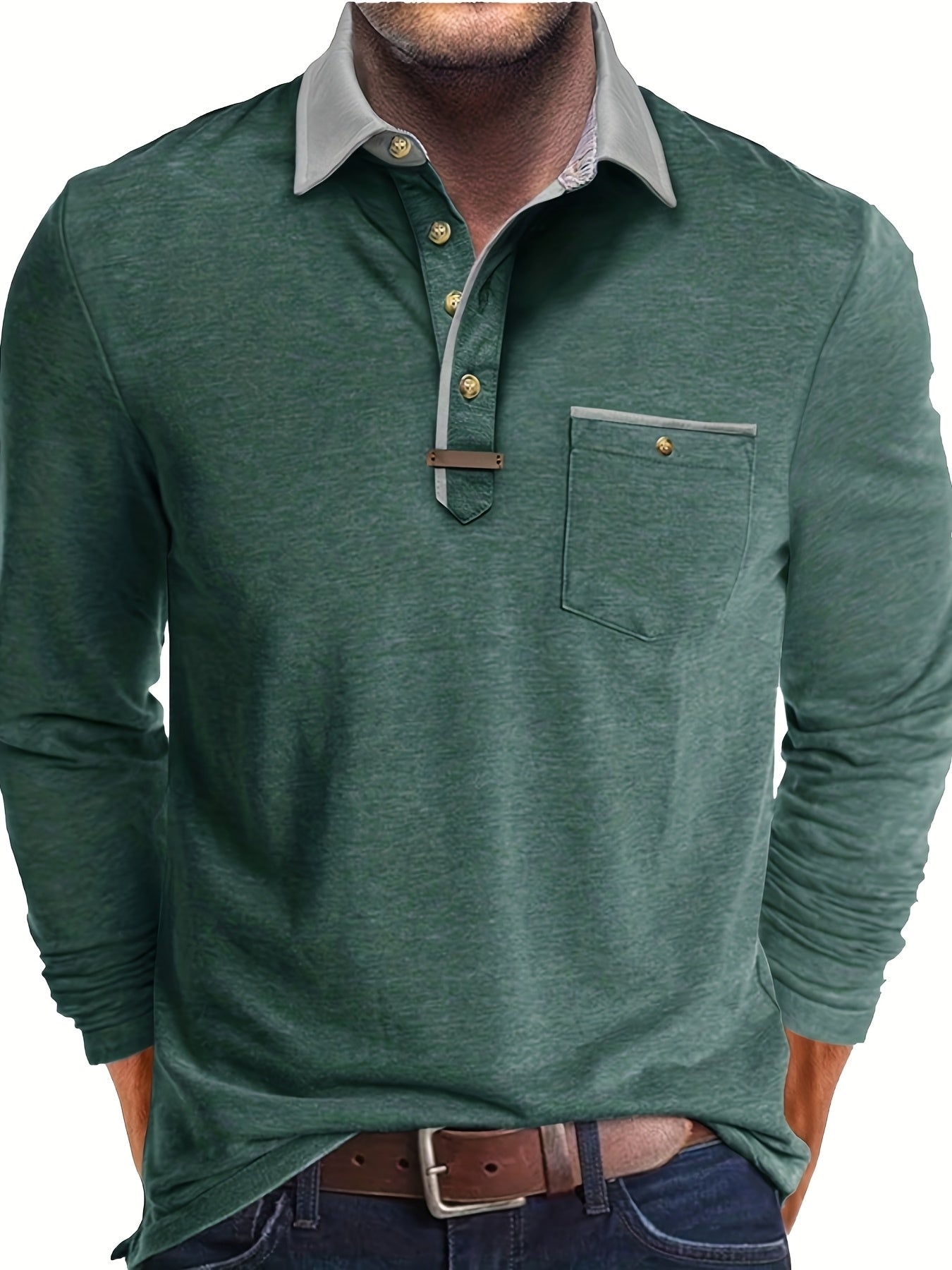 Paulo | Polo homme à manches longues – Henley décontracté avec col color-block et poche poitrine