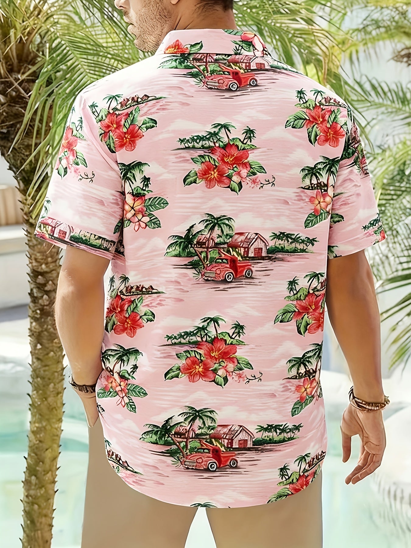 Cylen | Hawaïaans herenhemd van 100% katoen – met palmbomenprint en korte mouwen
