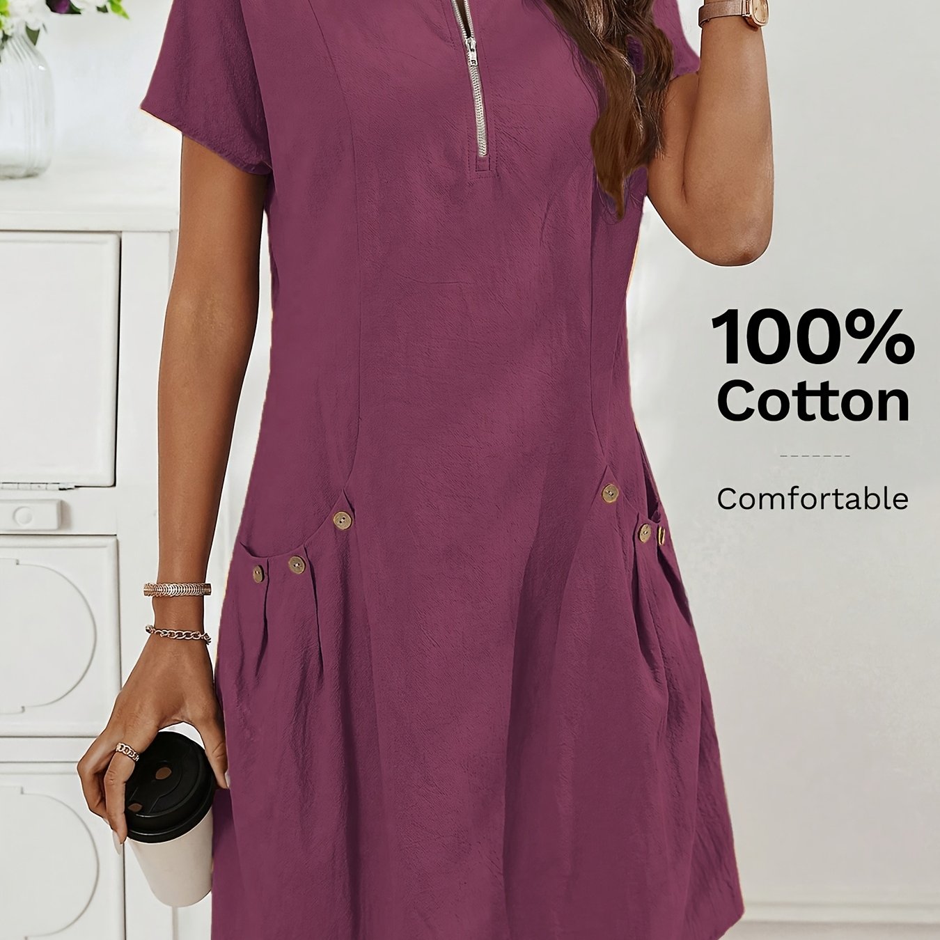 Zirelia | Zomerse casual overhemdjurk voor dames – halve rits, knoopdetails en dubbele zakken