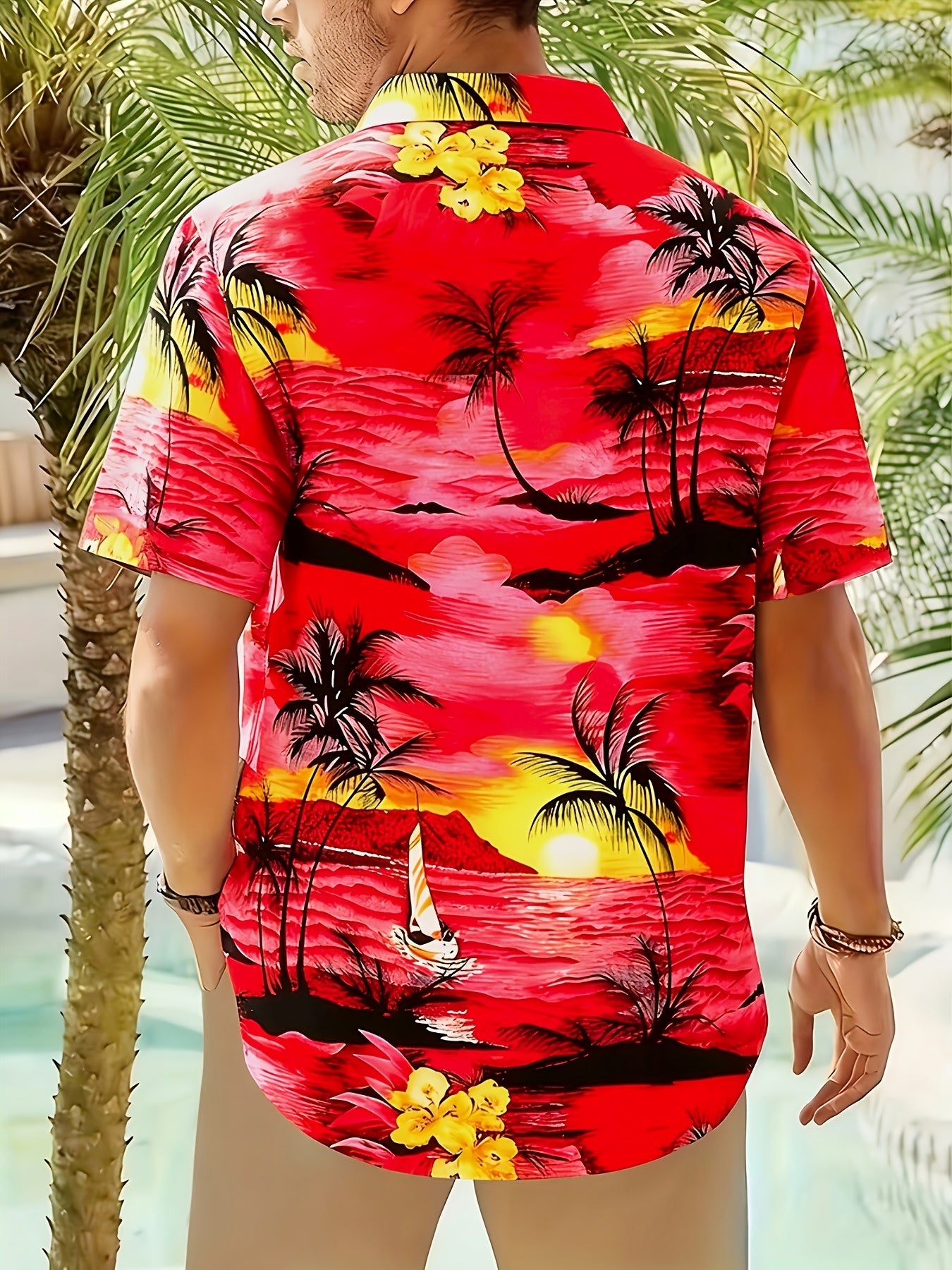 Cylen | Hawaïaans herenhemd van 100% katoen – met palmbomenprint en korte mouwen