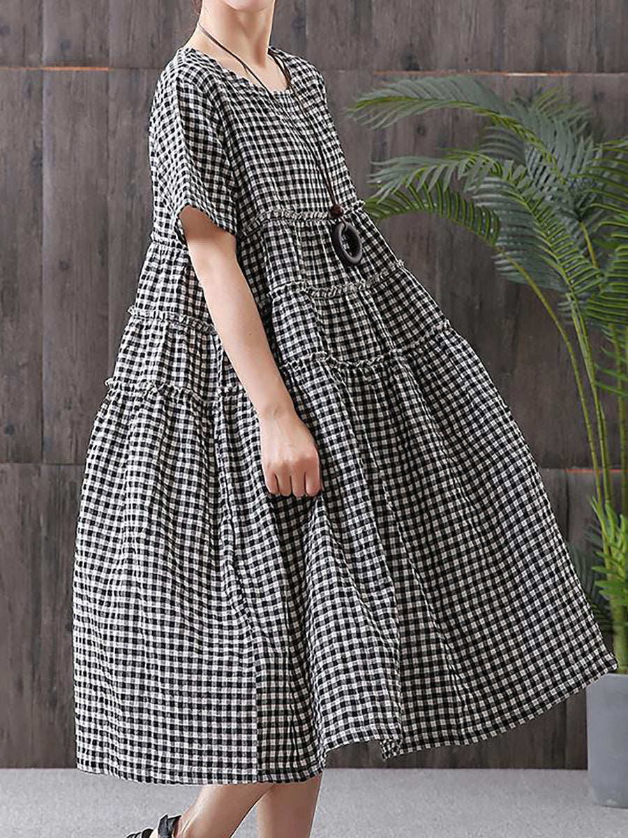 Tiraya | Katoenen geruite jurk met korte mouwen voor dames – Casual zomerse midi-jurk met losse pasvorm