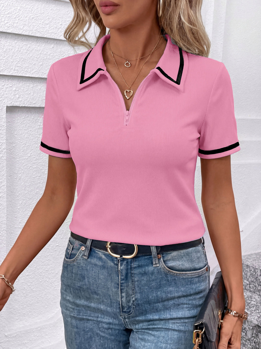 Yza | Geribbeld poloshirt voor dames, korte mouwen, reverskraag, slanke pasvorm