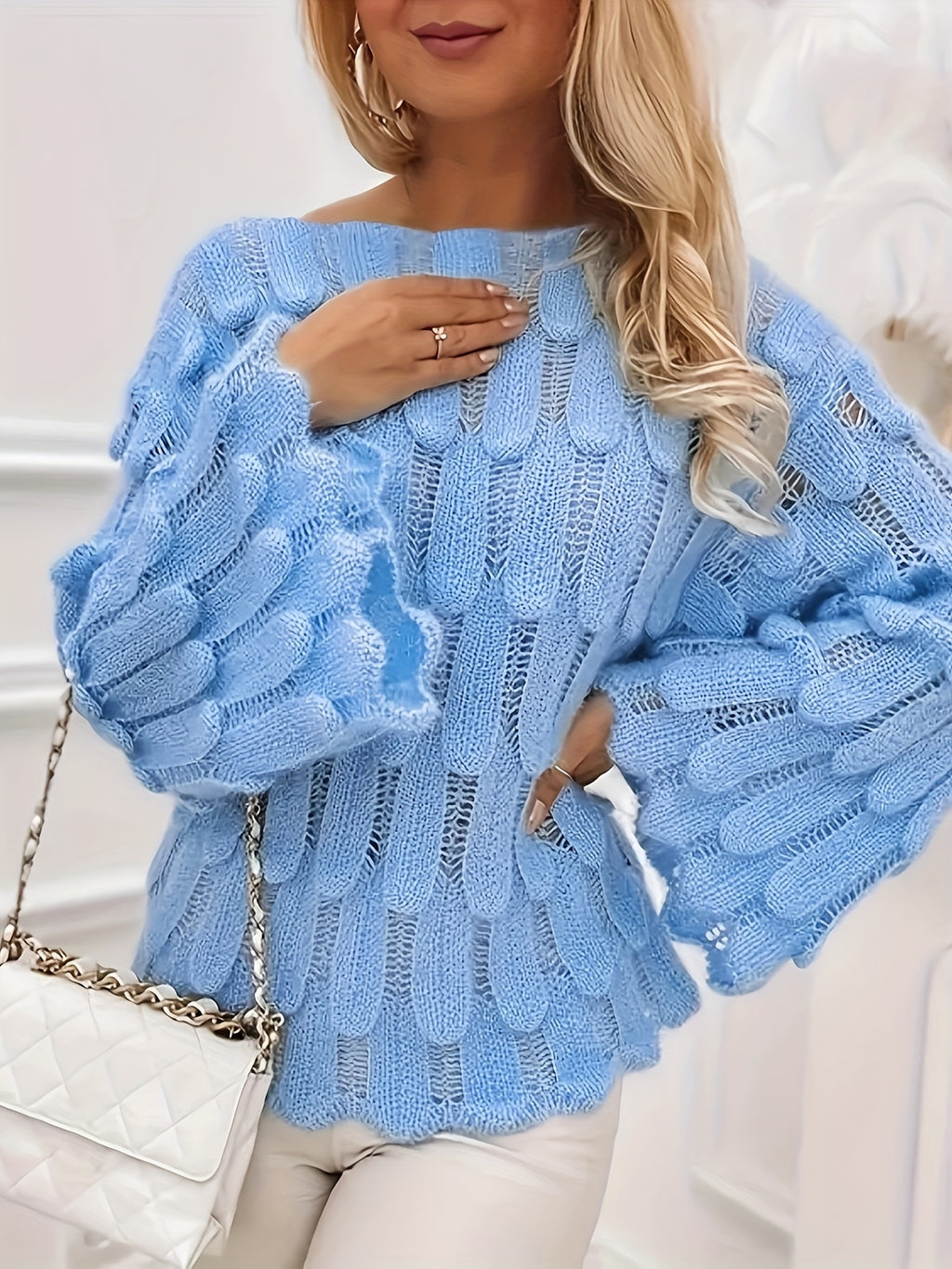 Cazira | Dames Pullover Top met Trompetmouwen – Effen Kleur Chic Casual Gebreide Blouse