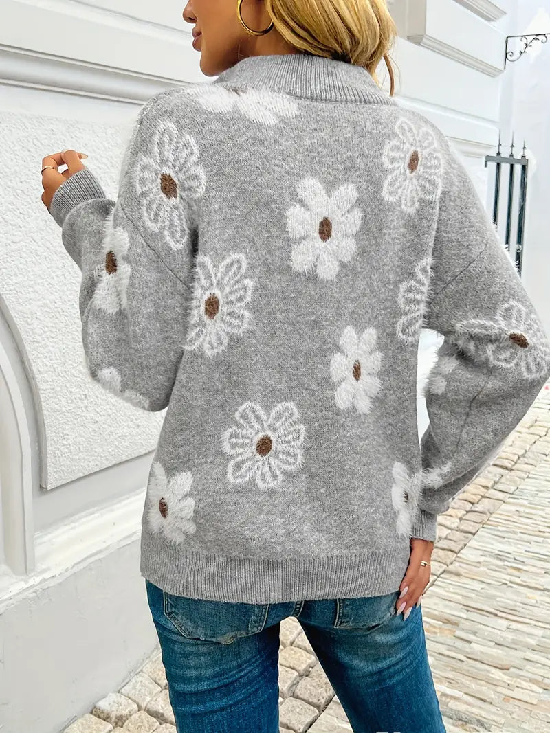 Felra | Pull femme à imprimé floral, demi-zip, épaules tombantes, col montant, confortable et élégant