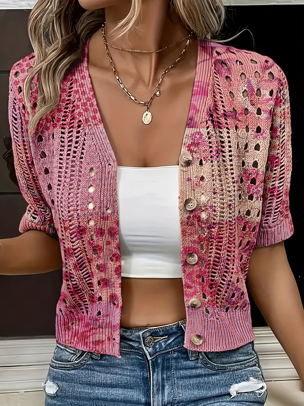 Eenira | Dames Bohemian Haakwerk Vest – Korte V-Hals, Kleurrijk Gebreid Bovenkledingstuk