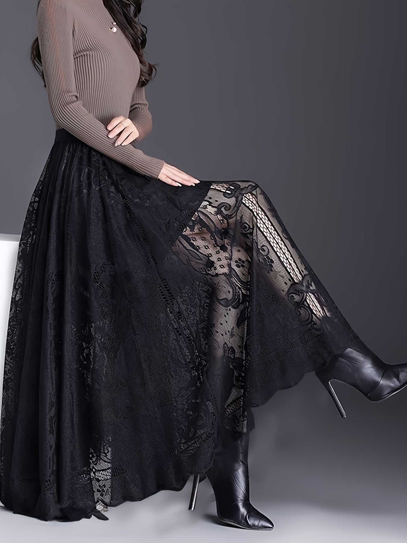 Gisla | Elegante A-lijn rok met kant - holle schulprand, casual midi-rok voor vrouwen