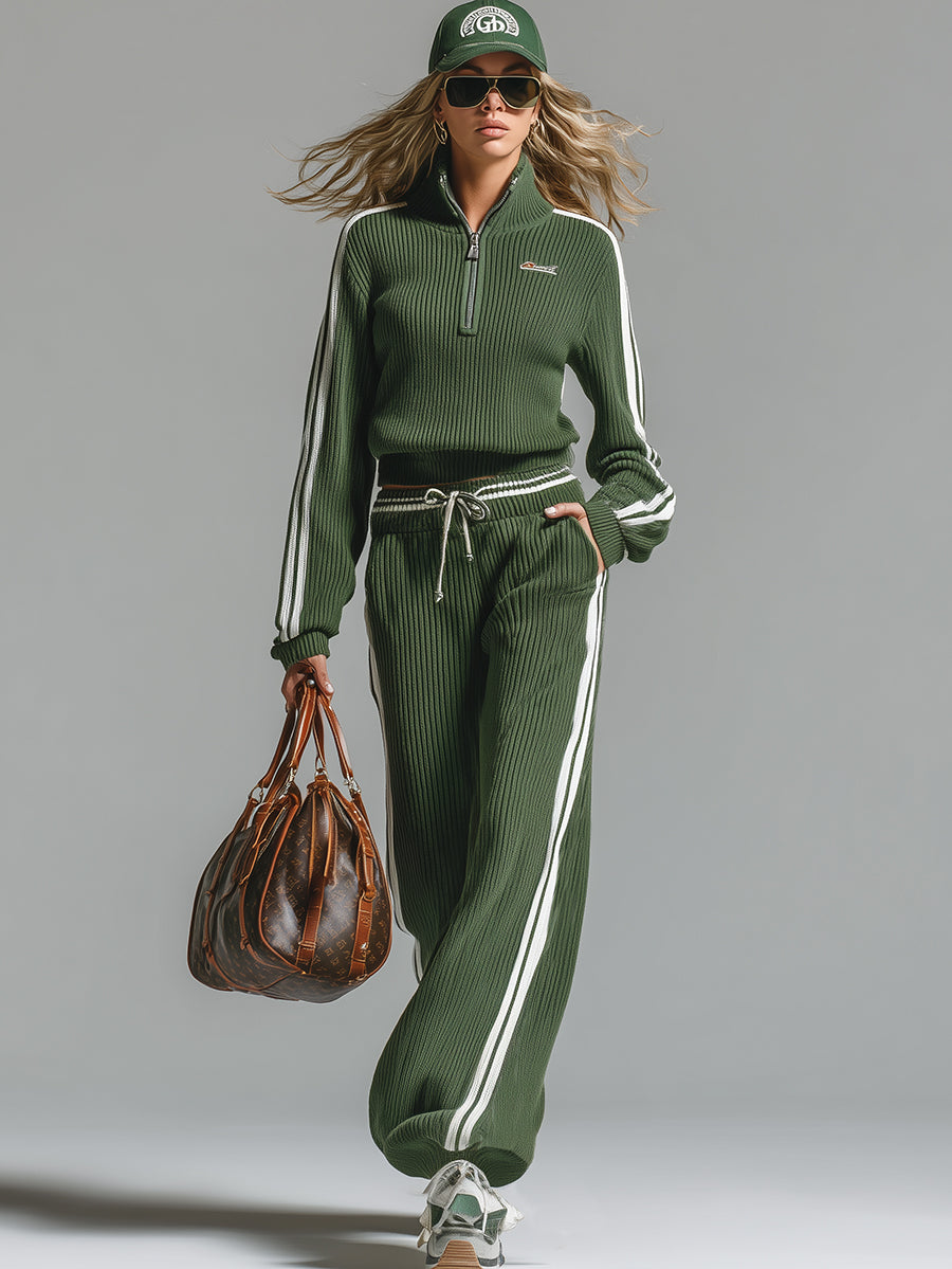 Arivara | Retro groen gebreid trainingspak – Sweater met halve rits en casual broek