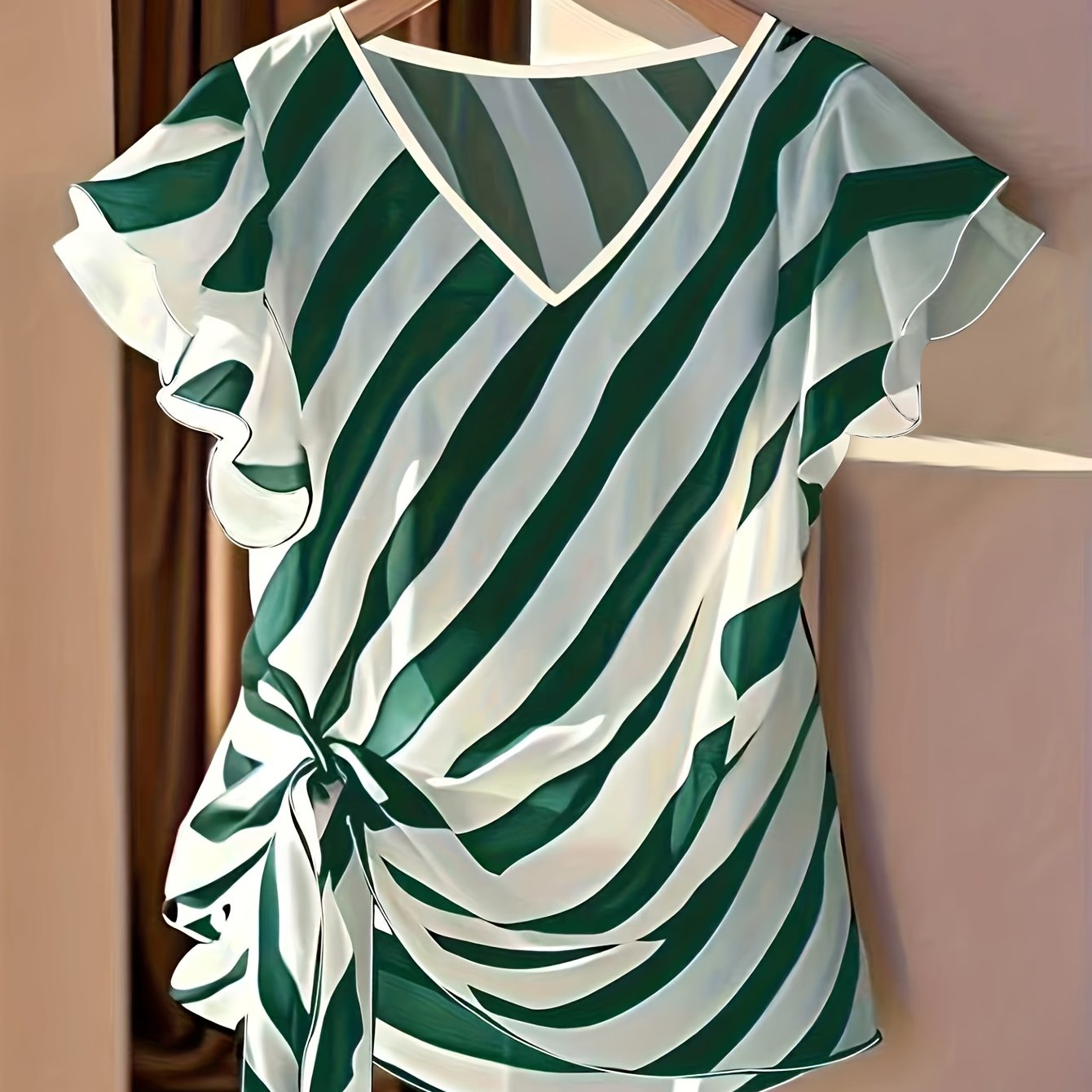 Jiya | Gestreepte zomerblouse voor dames met V-hals, strik in de taille en ruches aan de mouwen
