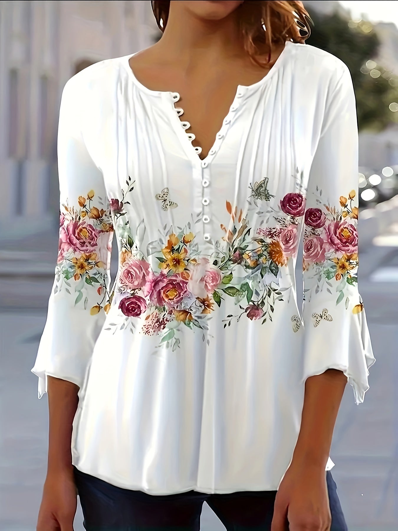 Yalisse | Dames Blouse met Bloemenprint en Ingeknipte Hals – Casual Top met Knoopsluiting