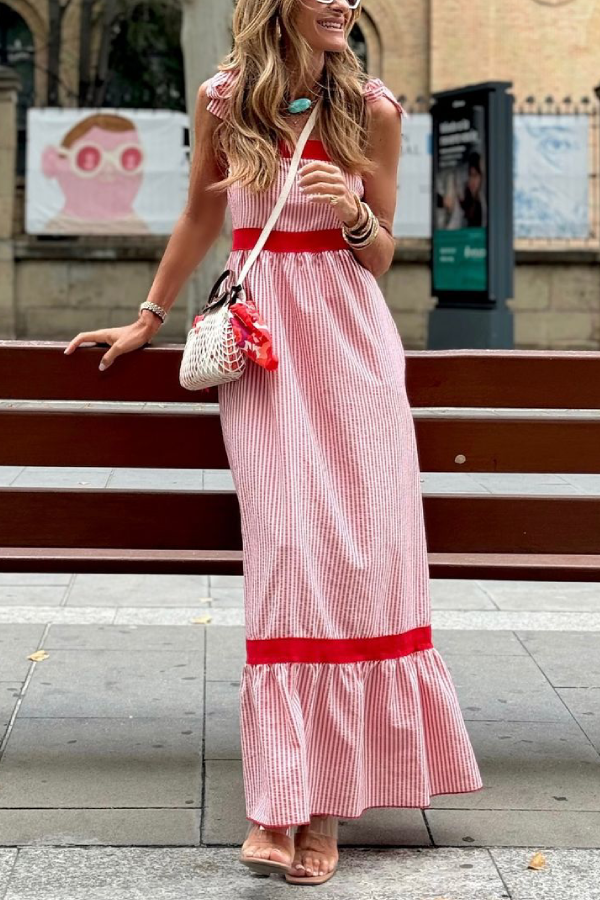 Fiorath | Dames gestreepte maxi-jurk – rood-witte verticale strepen, lange zomer strandjurk