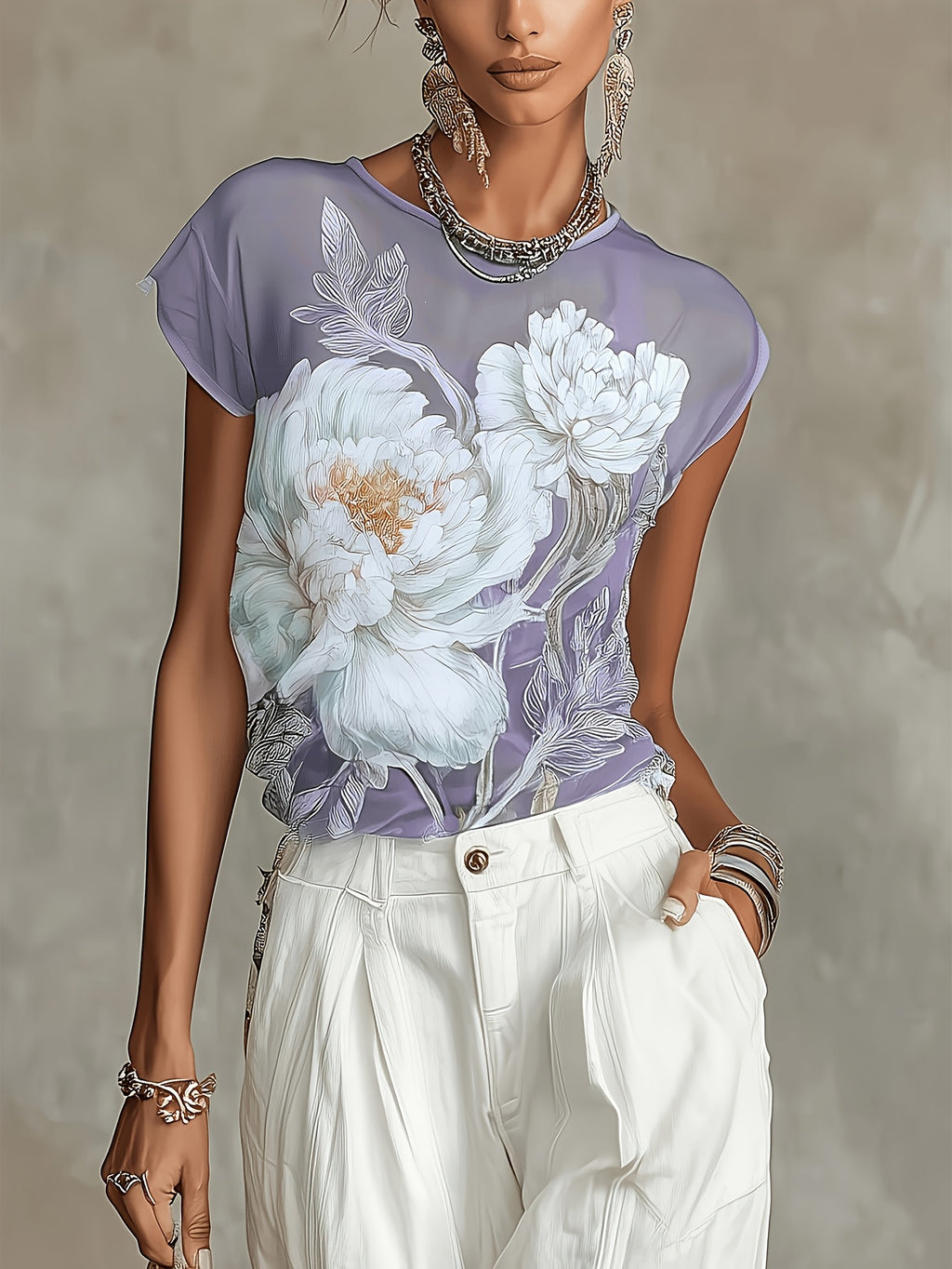 Azelisse | Blauwe chiffonblouse met bloemenprint voor dames – doorschijnende casual zomertop met lange mouwen