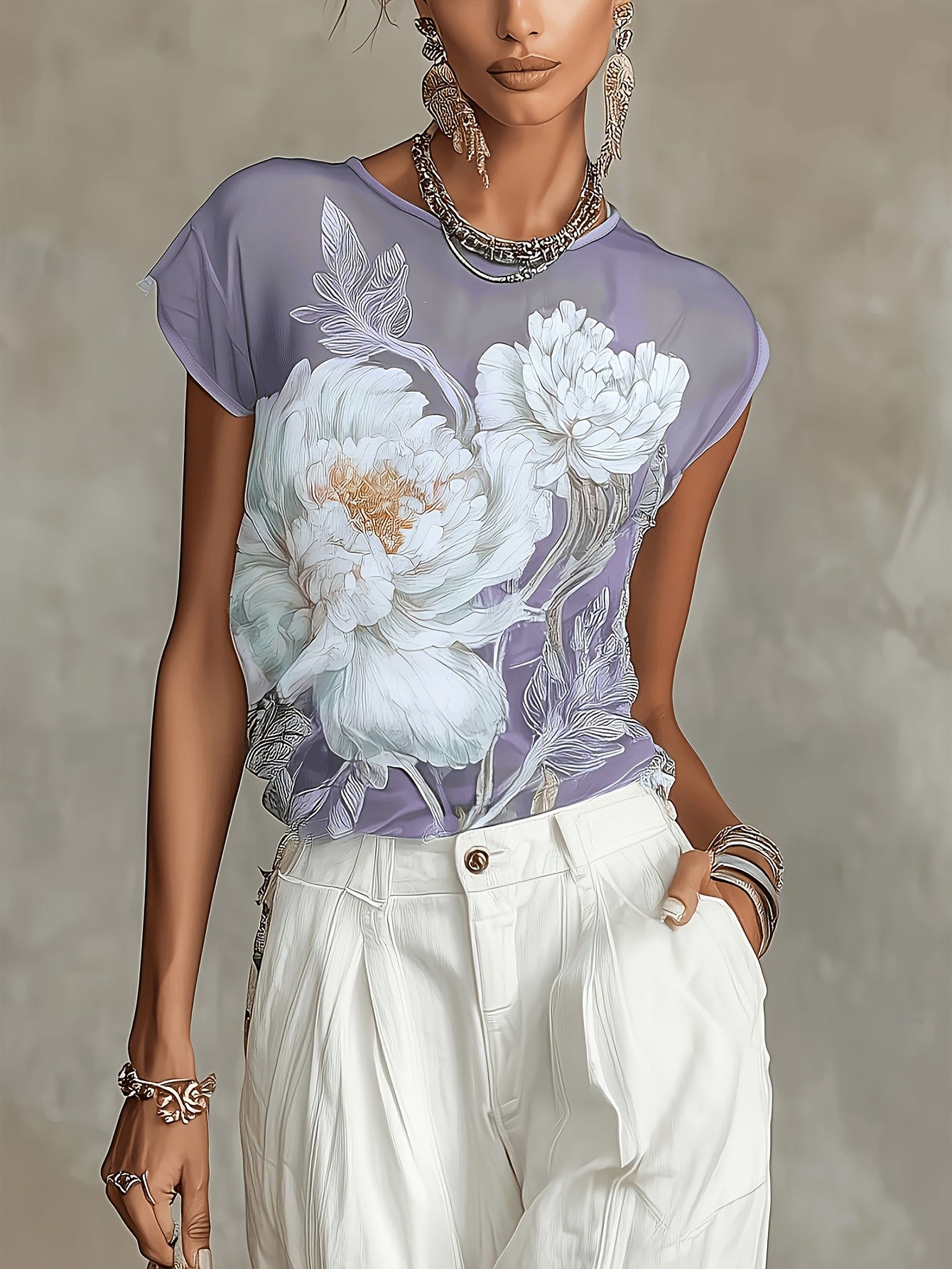 Azelisse | Blauwe chiffonblouse met bloemenprint voor dames – doorschijnende casual zomertop met lange mouwen