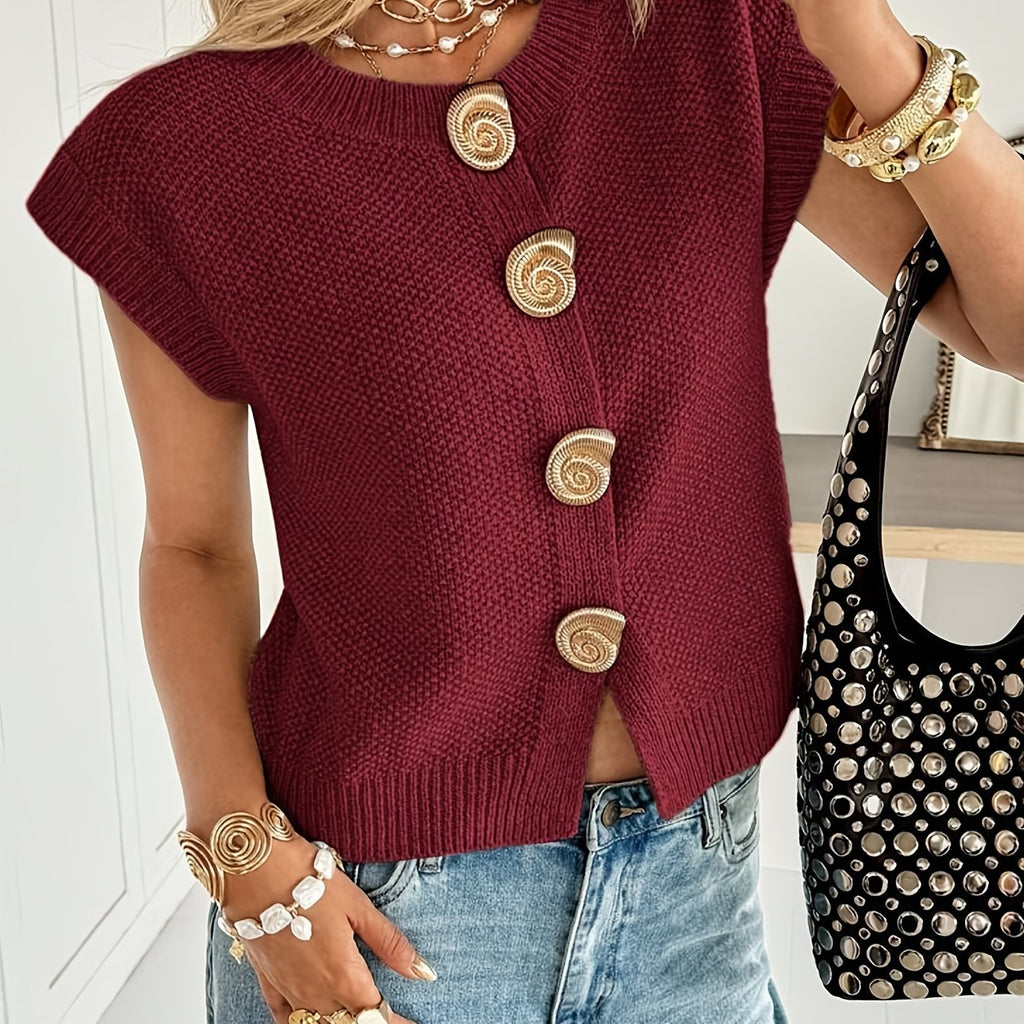 Kallista | Wijnrode vestblouse met schelpknopen – elegante casual mouwloze top, chique blouse