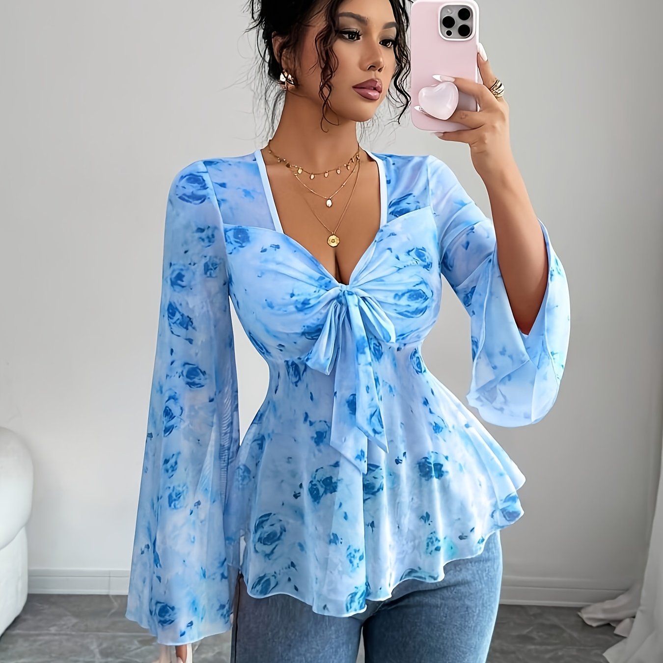 Elvarisen | Dames-top van doorschijnend mesh met bloemenprint – Elegant casual T-shirt