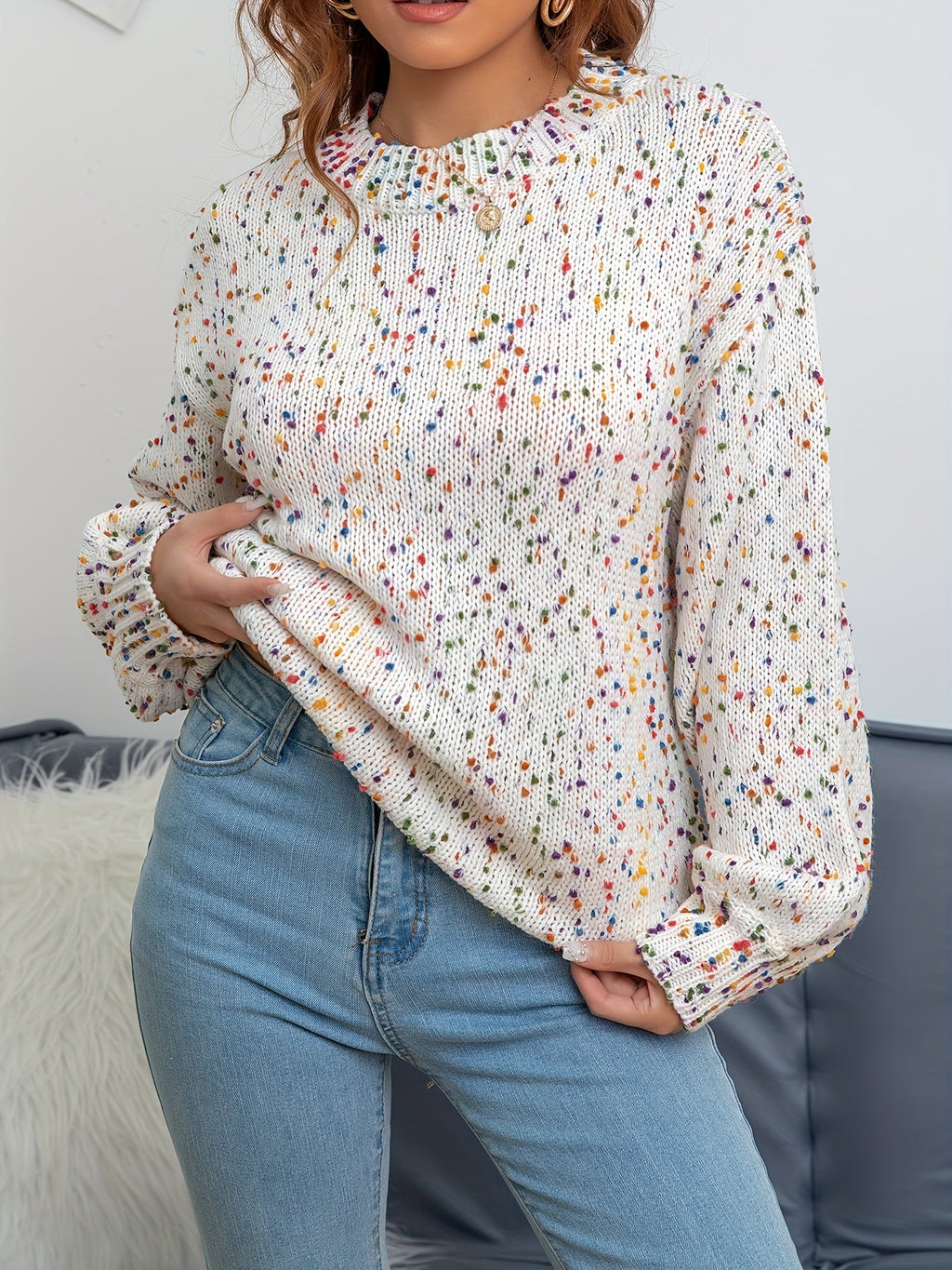 Noryssa | Pull minimaliste en maille à imprimé confettis, col rond - Pull confortable automne-hiver pour femme