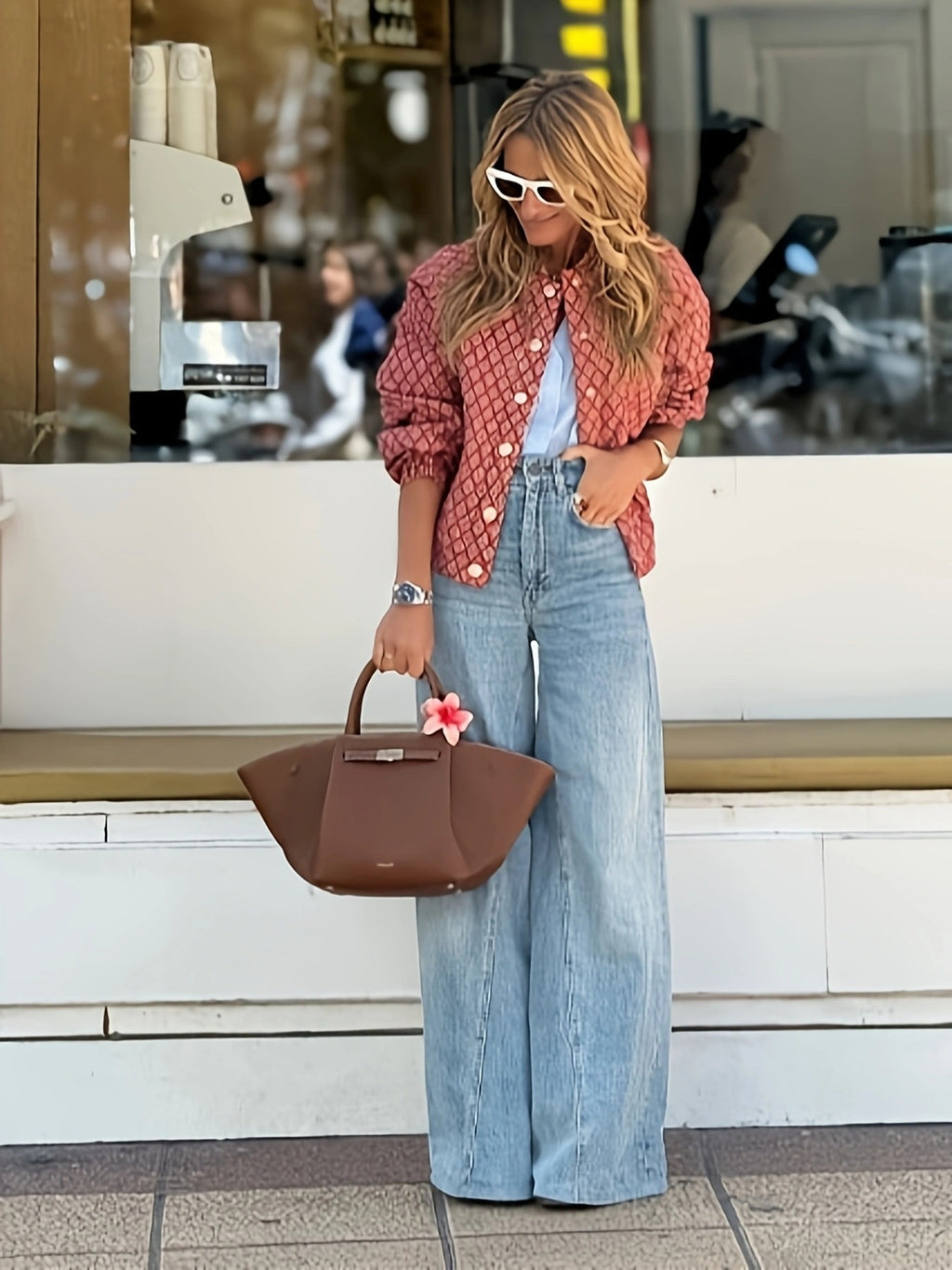 Delysia | Cardigan femme rétro chic à fleurs - rouge à boutons blancs, léger et décontracté