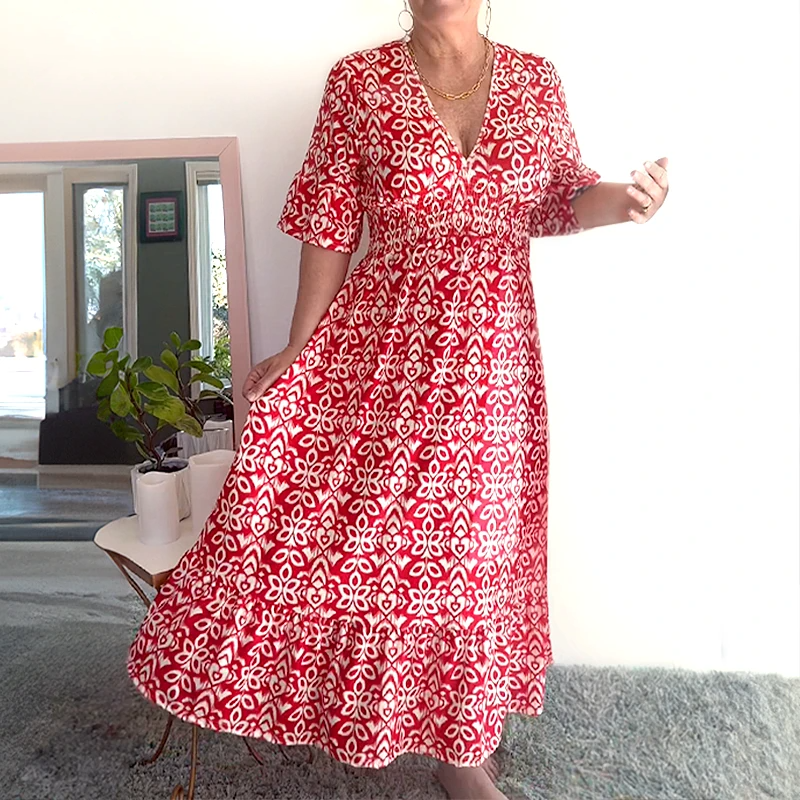 Arvexia | Vloeiende bohemian zomerjurk voor dames – Maxi met V-hals en bloemenprint