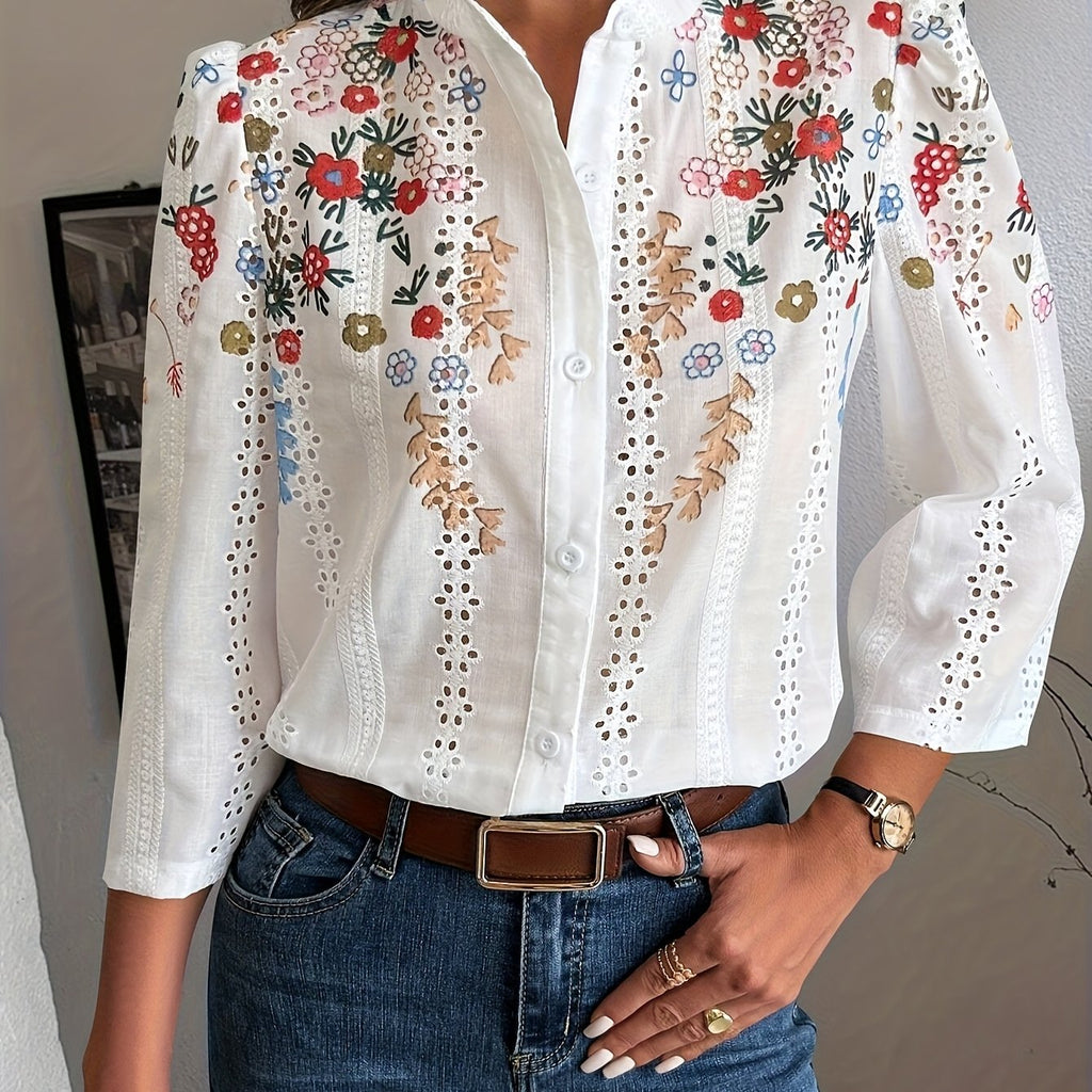 Liorith | Damesblouse met print en lange mouwen – Overhemd met losse pasvorm en knoopsluiting