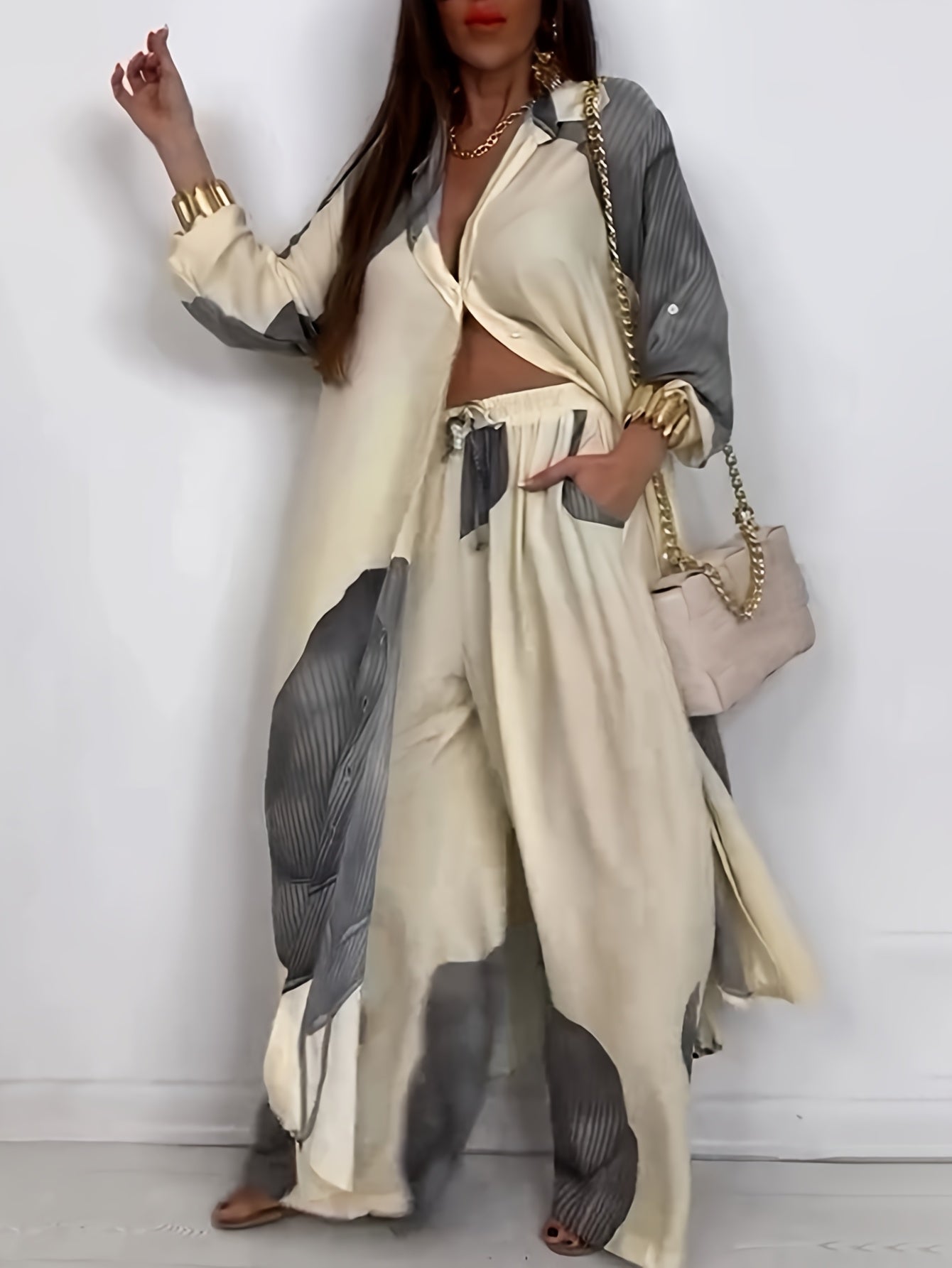 Eloria | Dames 2-delige set met print: blouse met lange mouwen en knoopsluiting & losse broek, casual lounge outfit