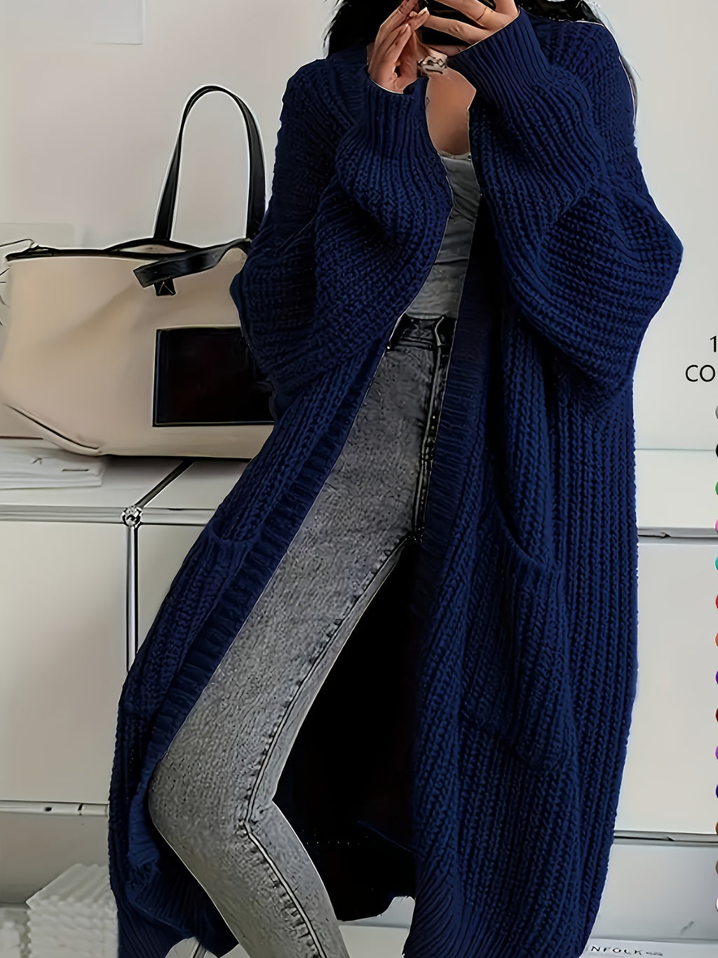 Myvessa | Langer Strickcardigan für Damen – offener, Oversize-Schnitt, lässiger Pullover für Herbst und Winter
