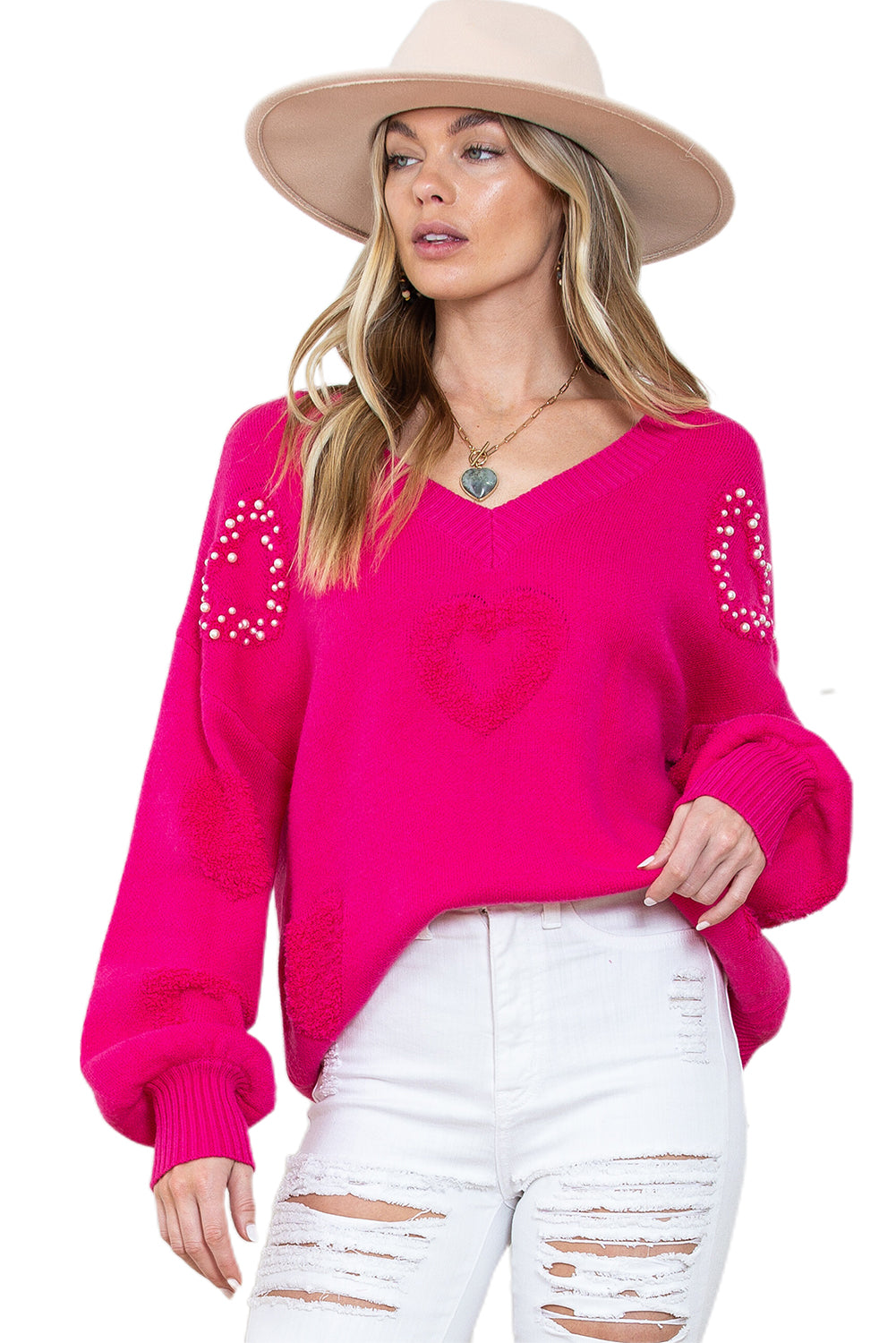 Avarine | Pull femme à cœurs - Col V, perles de nacre et texture douce