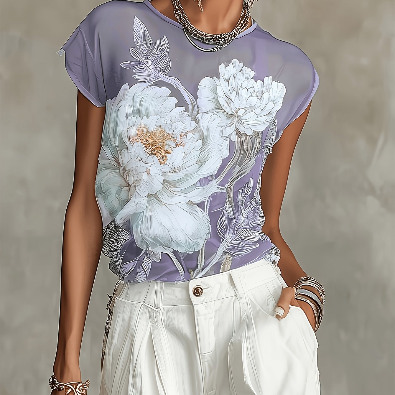 Azelisse | Blauwe chiffonblouse met bloemenprint voor dames – doorschijnende casual zomertop met lange mouwen