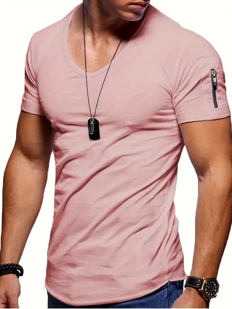 Gobor | Herren-T-Shirt mit V-Ausschnitt, kurzen Ärmeln und Reißverschlussdetails – Lässiges Baumwoll-T-Shirt
