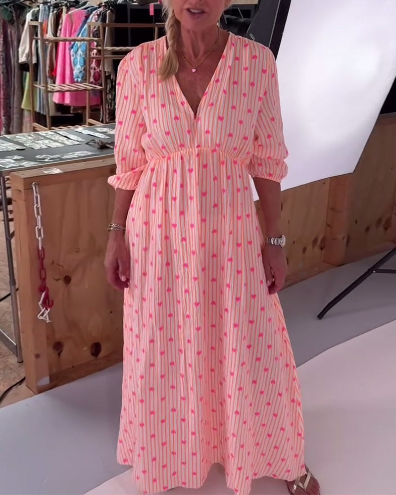 Fexina | Maxi-jurk met hartjesprint voor dames – V-hals, zwierige casual zomeroutfit