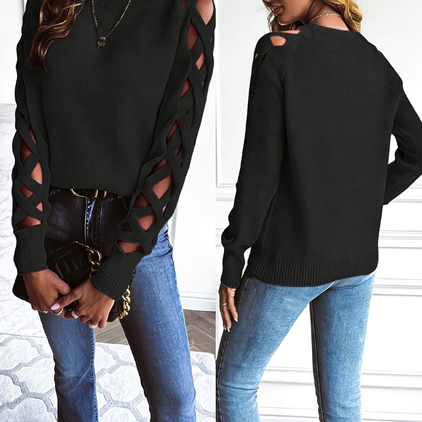 Ardelle | Dames Effen Pullover met Opengewerkte Mouwen – Lichtgewicht Gebreide Top