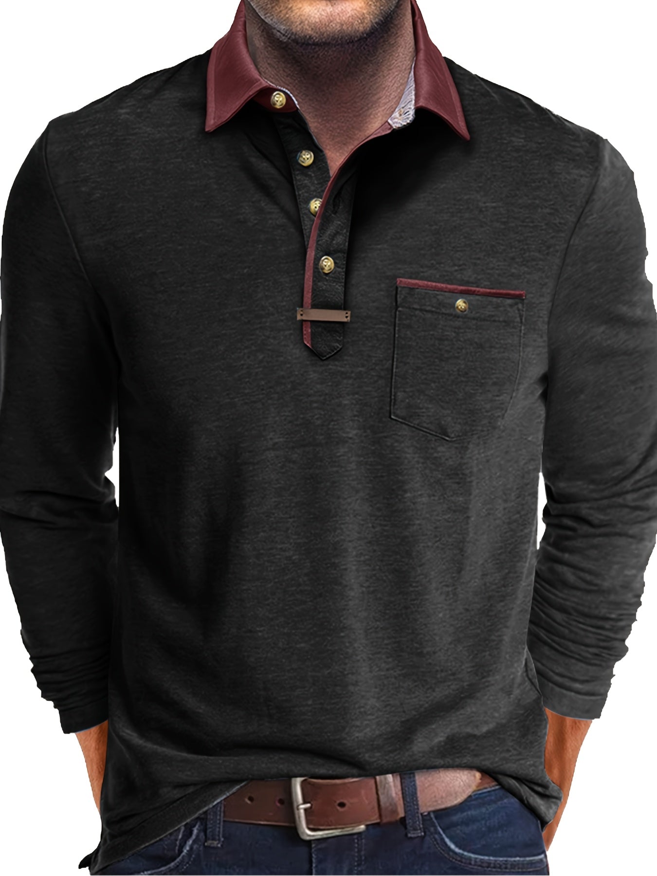 Paulo | Polo homme à manches longues – Henley décontracté avec col color-block et poche poitrine