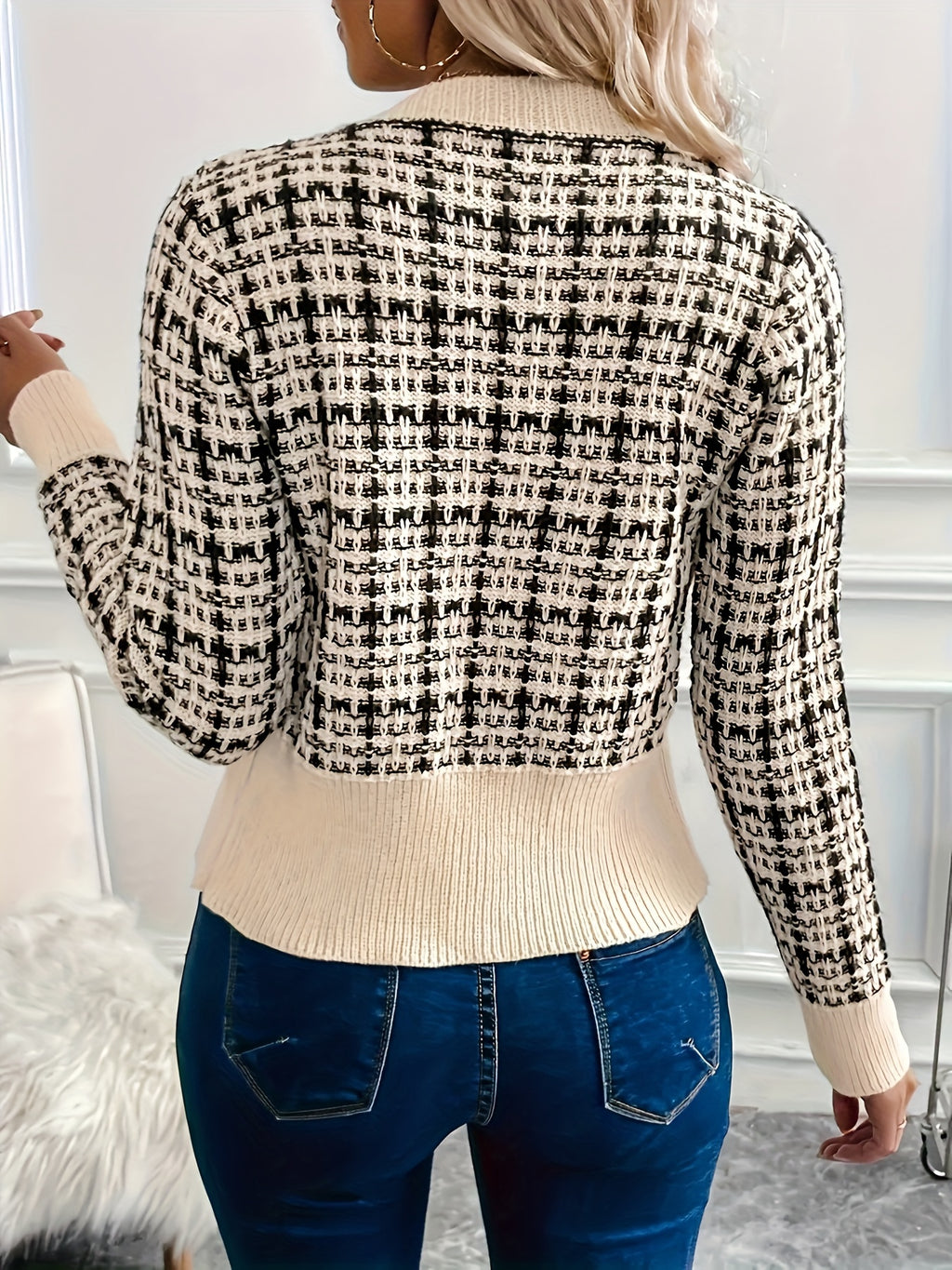Rella | Dames Geruite Tweed Cardigan – Gebreid Vest met Knopen aan de Voorkant