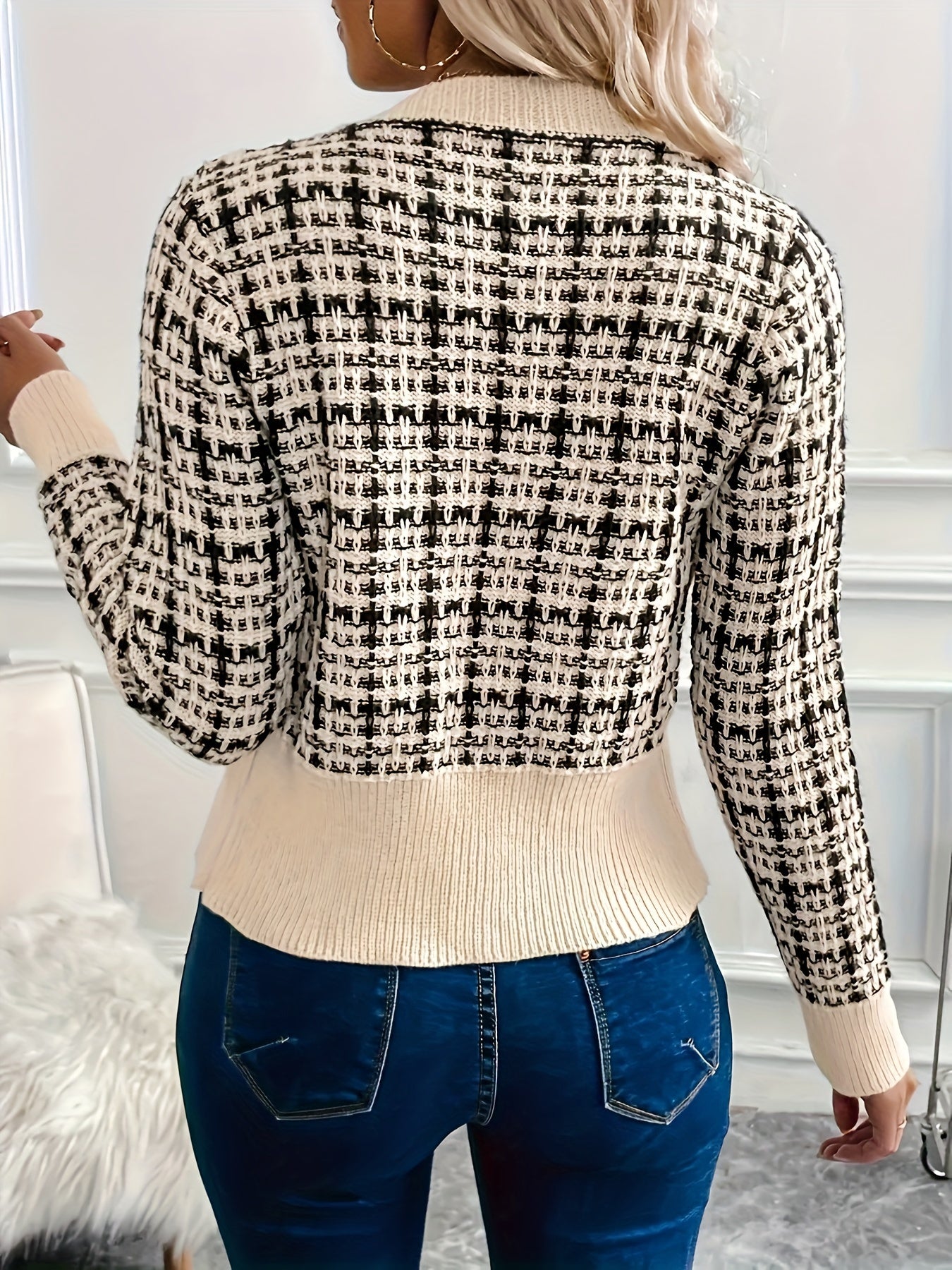 Rella | Dames Geruite Tweed Cardigan – Gebreid Vest met Knopen aan de Voorkant