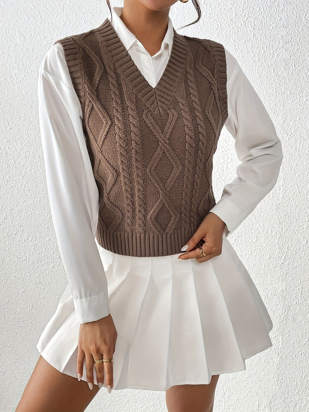 Ambria | Gilet sans manches à col V en maille torsadée - Haut ajusté, style rétro décontracté, maille légère superposée