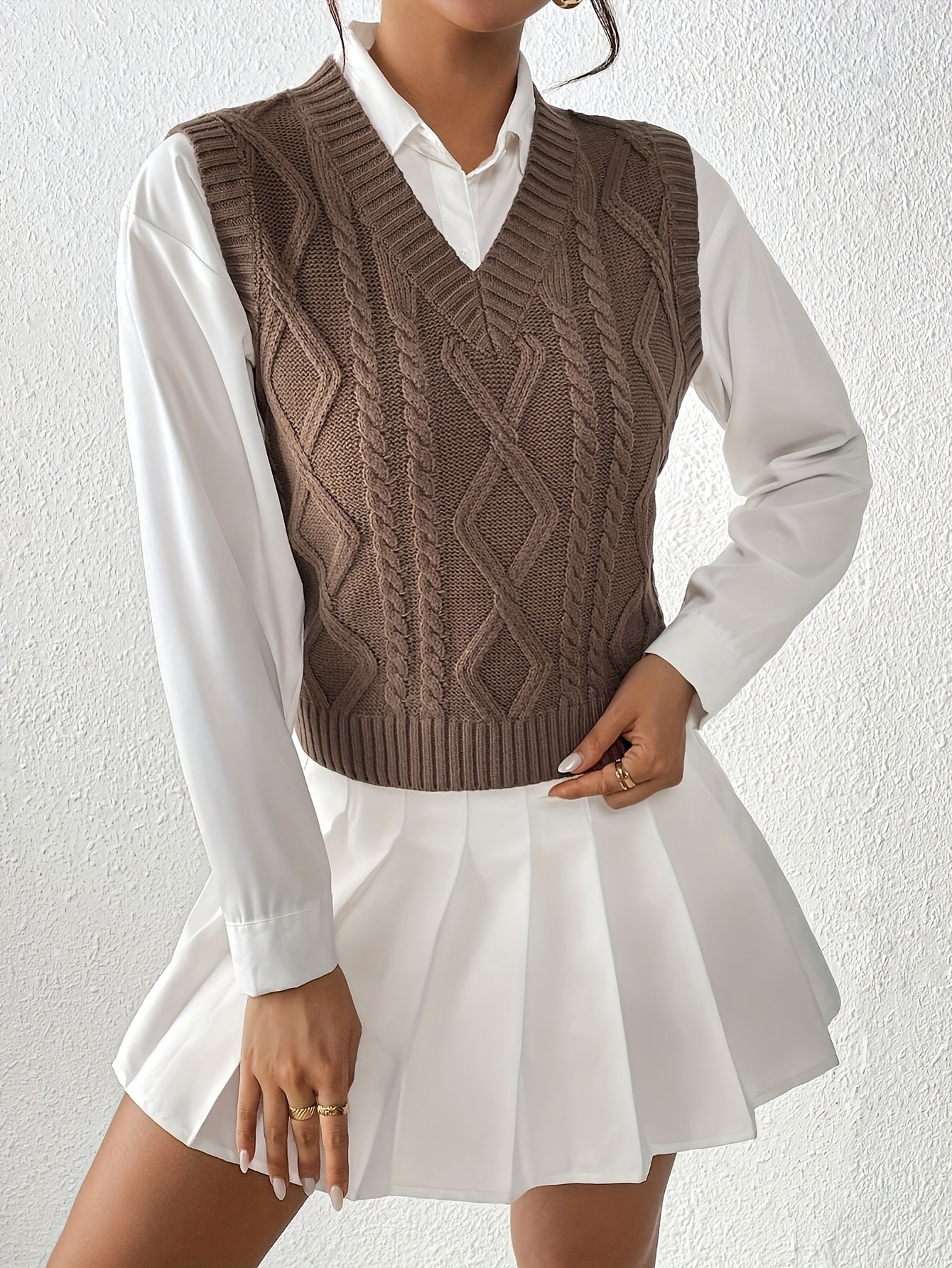 Ambria | Gilet sans manches à col V en maille torsadée - Haut ajusté, style rétro décontracté, maille légère superposée