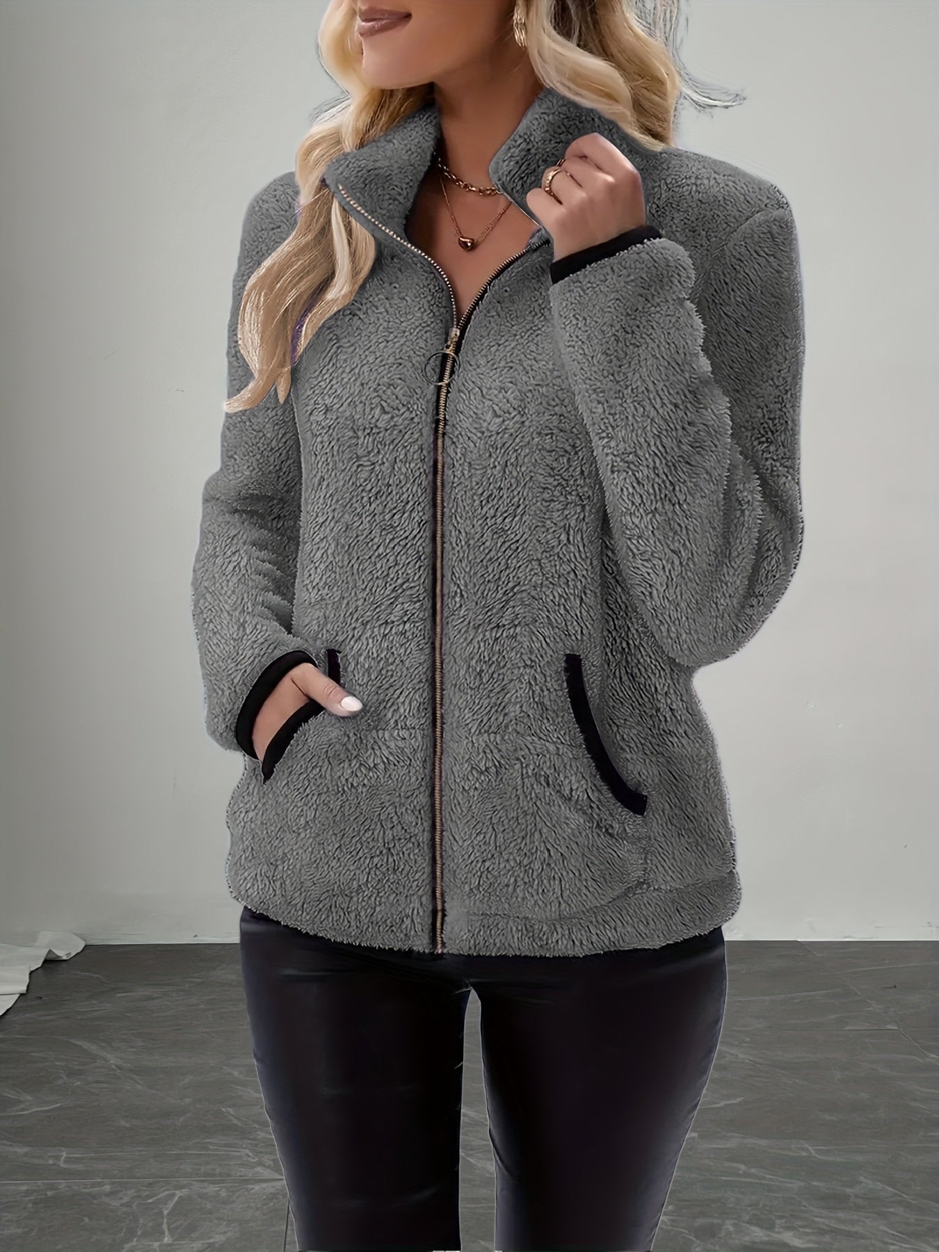 Gryvessa | Dames fleece jas met ritssluiting – opstaande kraag, warme casual herfst-winterjas