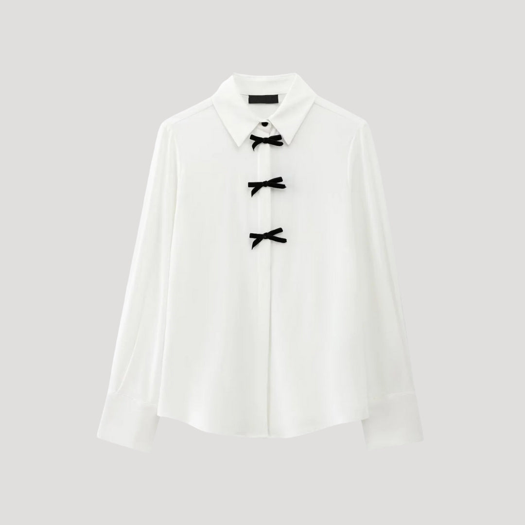 Ylena | Damesblouse met stippen en strik – Chiffon blouse met lange mouwen, elegante kantoor top