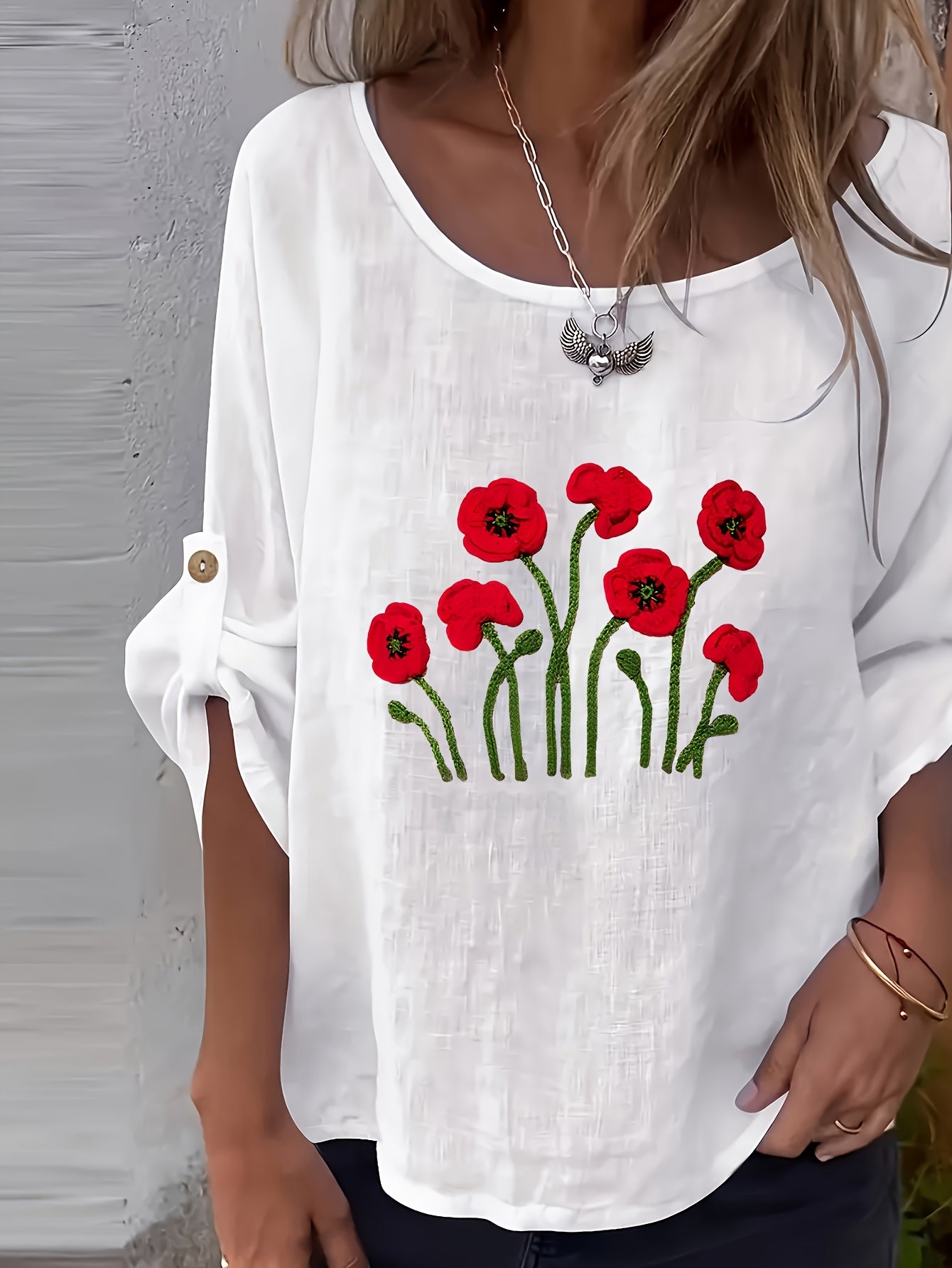Lunelle | Elegant dames-T-shirt met bloemenprint en ronde hals – Casual, losse pasvorm, knoopjes, lente