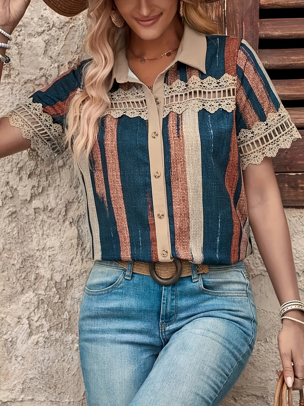 Amaranthe | Dames retro gestreepte kanten blouse – korte mouwen blouse met knoopsluiting