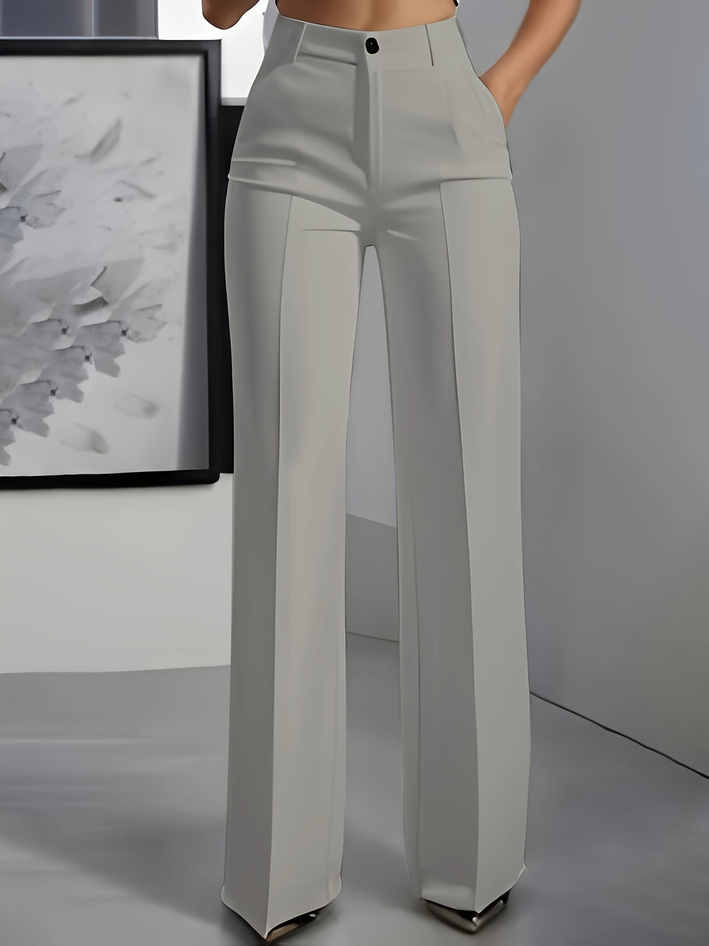 Oralia | Elegante Damenhose mit weitem Bein – Gerade geschnittene, hochgeschnittene Hose mit Knopfverschluss
