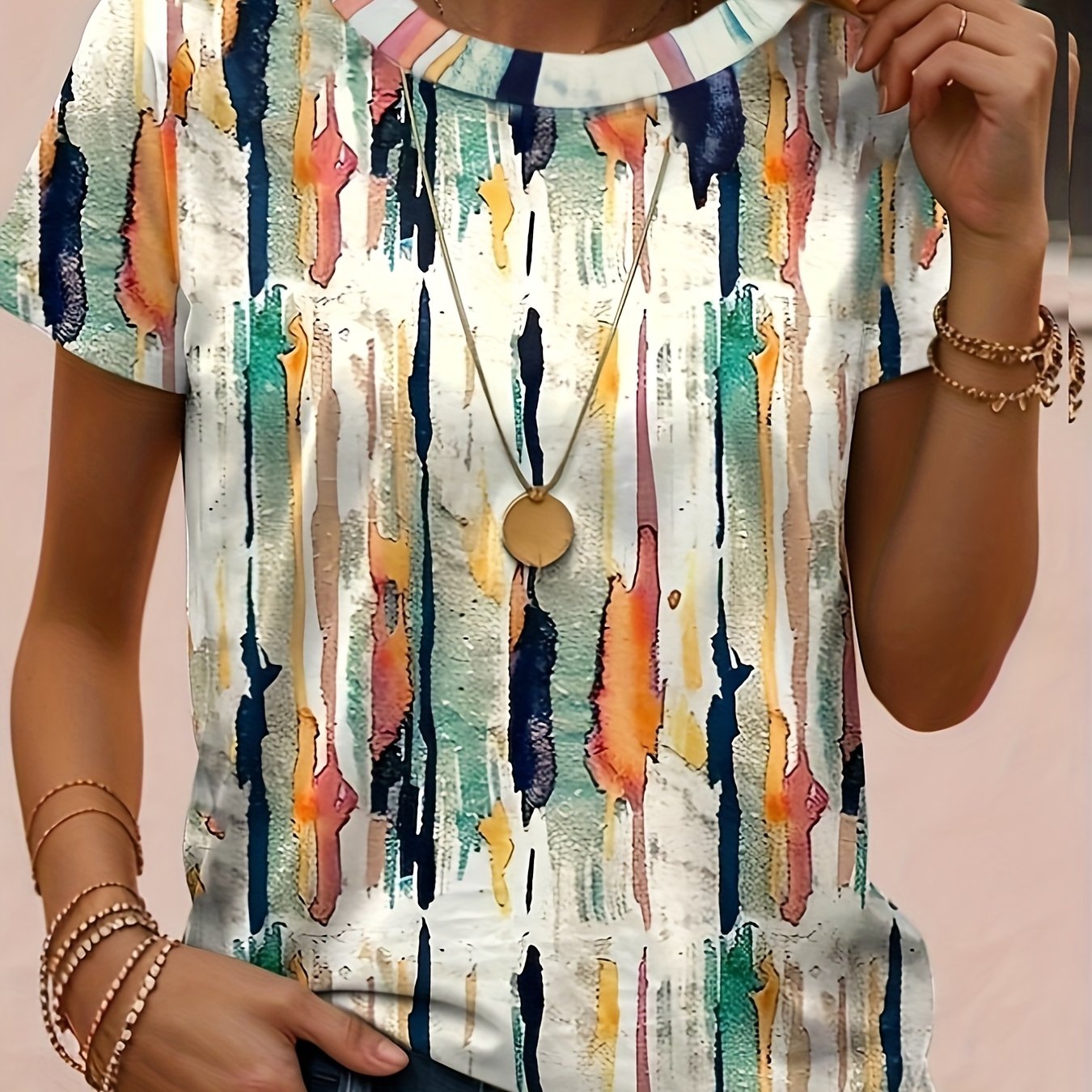 Ienya | Dames-T-shirt met abstracte strepen en grafisch motief – Casual T-shirt met geometrische print, korte mouwen en ronde hals