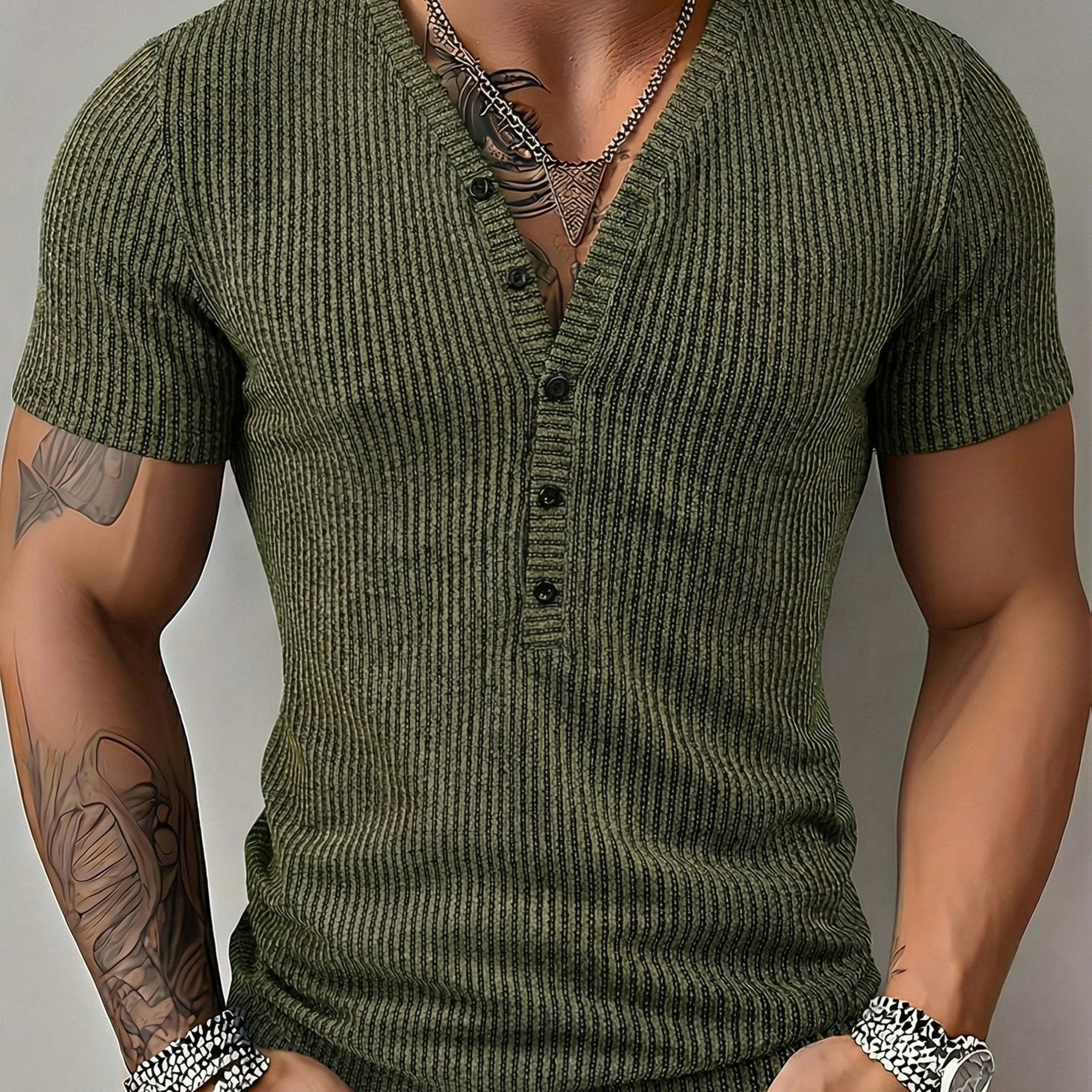 Bion | Heren lente V-hals sportshirt – tweekleurig gestreept sportshirt met korte mouwen