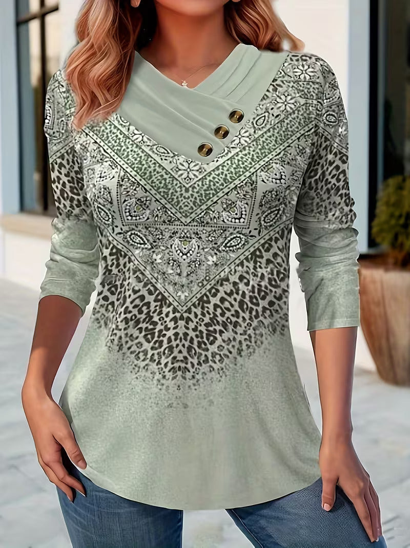 Delsa | Damesblouse met etnische print en 3/4 mouwen – Boho casual blouse
