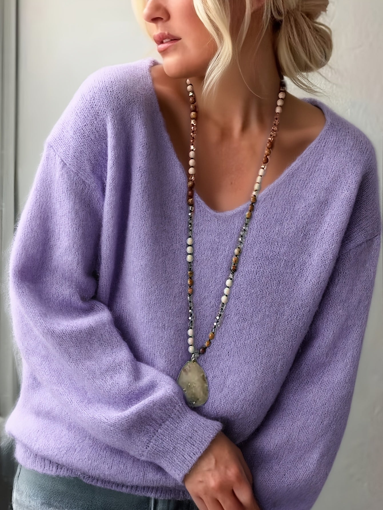 Rhian | Elegante V-hals trui voor dames, lange mouwen, effen kleur, zacht gebreid