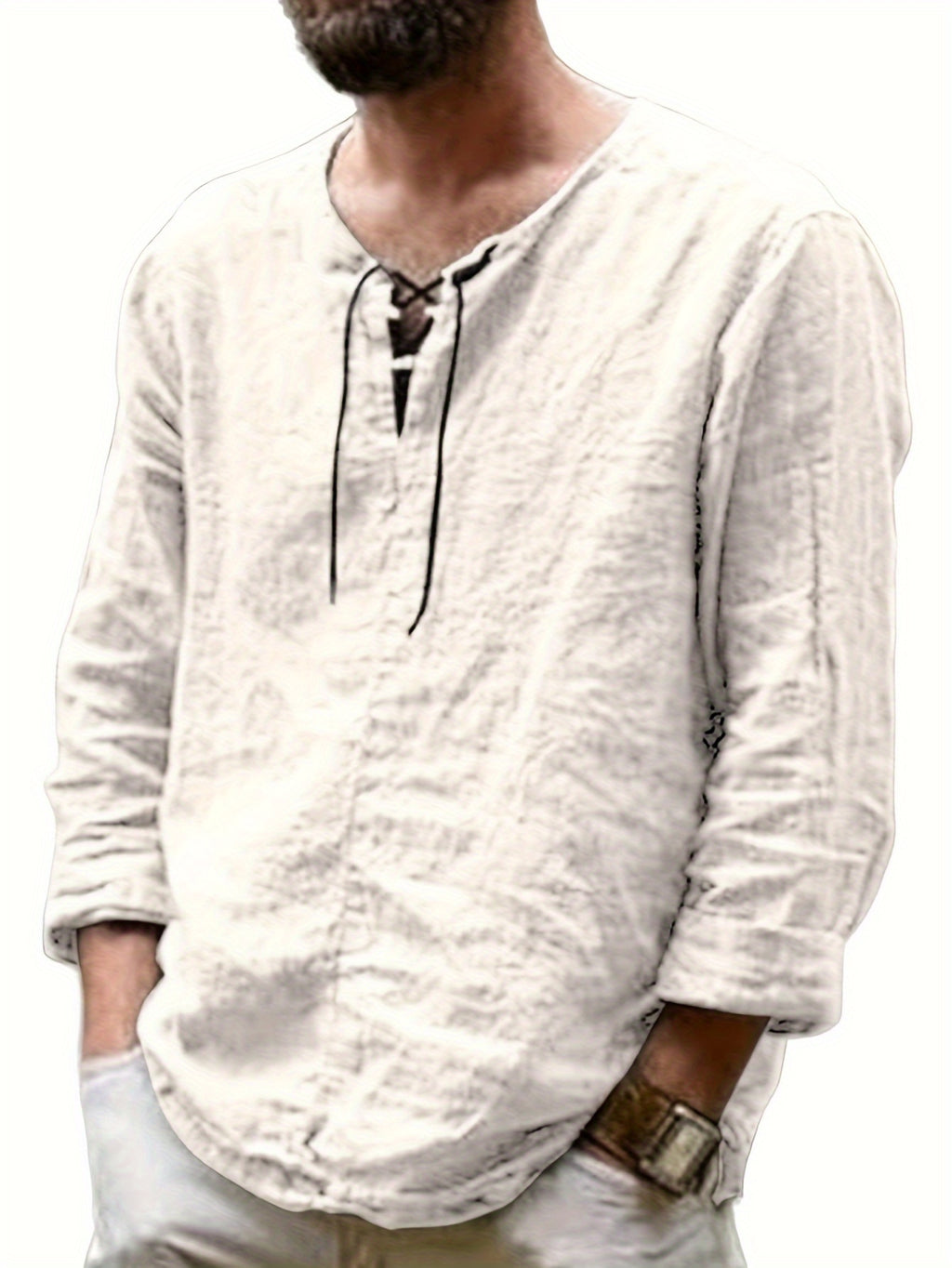 Arne | Chemise homme en coton et lin - manches longues, coupe ample décontractée, col à nouer