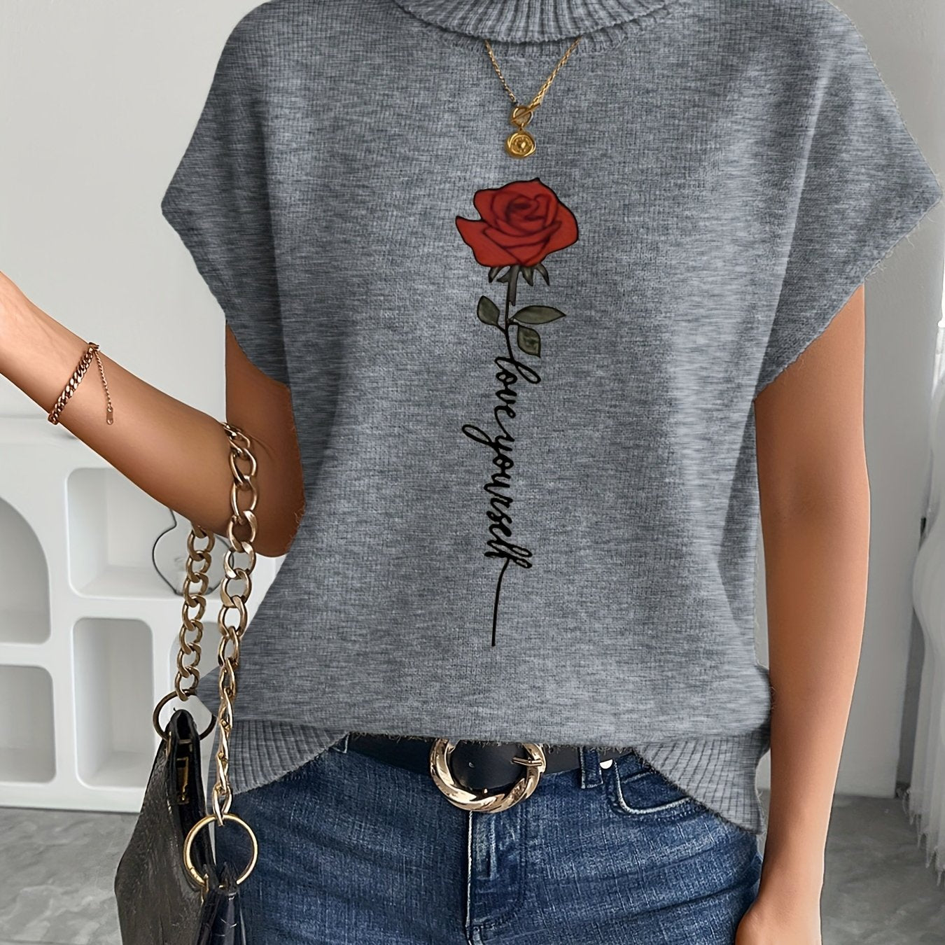 Ienira | Trendy Dames Mouwloos Gebreid Vest met Rozenprint – Losvallende Zomerse Casual Top