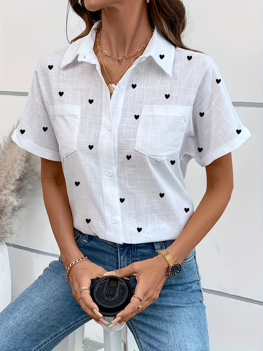 Yvessa | Damesblouse met dubbele zakken en slubstof – Casual shirt met korte mouwen en losse pasvorm