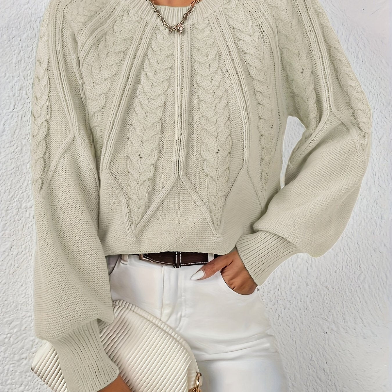 Kalyth | Damen-Zopfstrickpullover mit Laternenärmeln – Elegantes Strickoberteil für Herbst und Winter