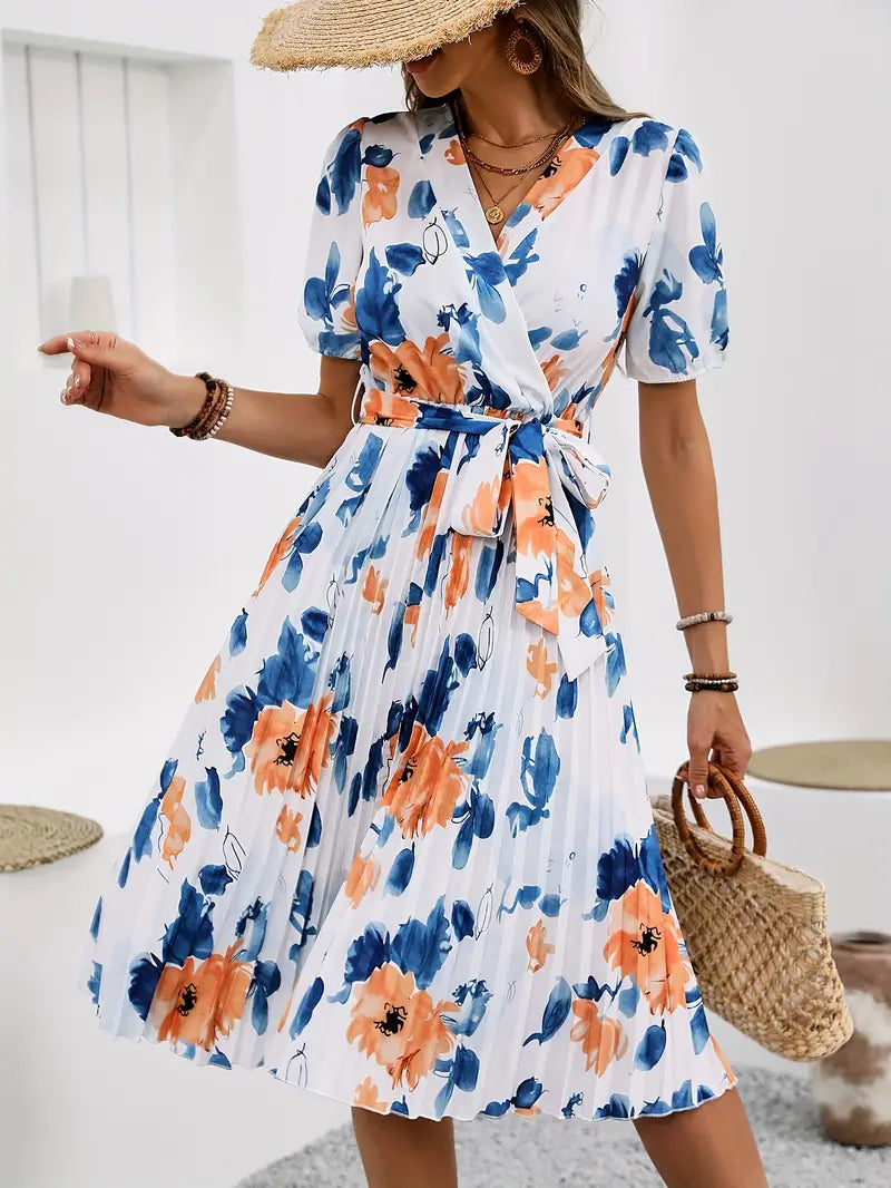 Jurk met ceintuur en geplooide zoom met bloemenprint